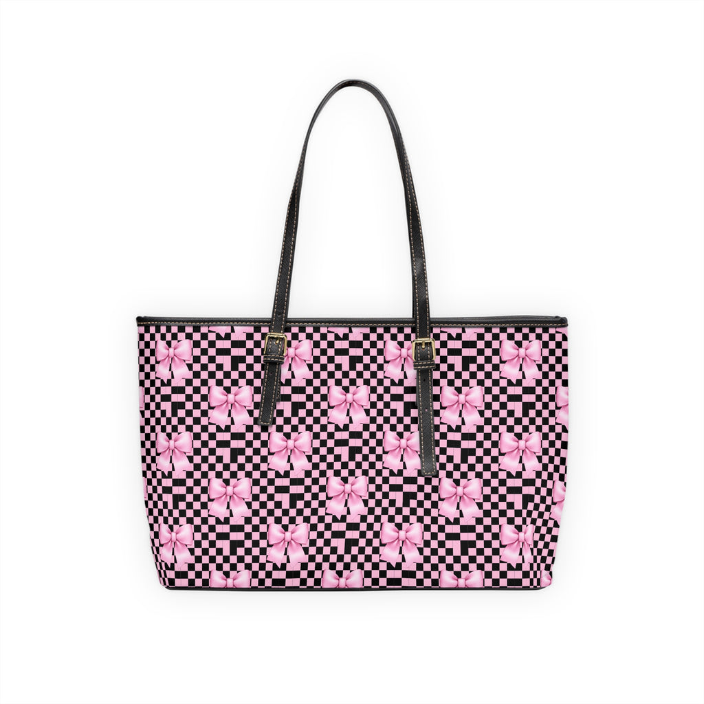 Pink Bow Checker Tote Bag — PU Leather Shoulder Tote