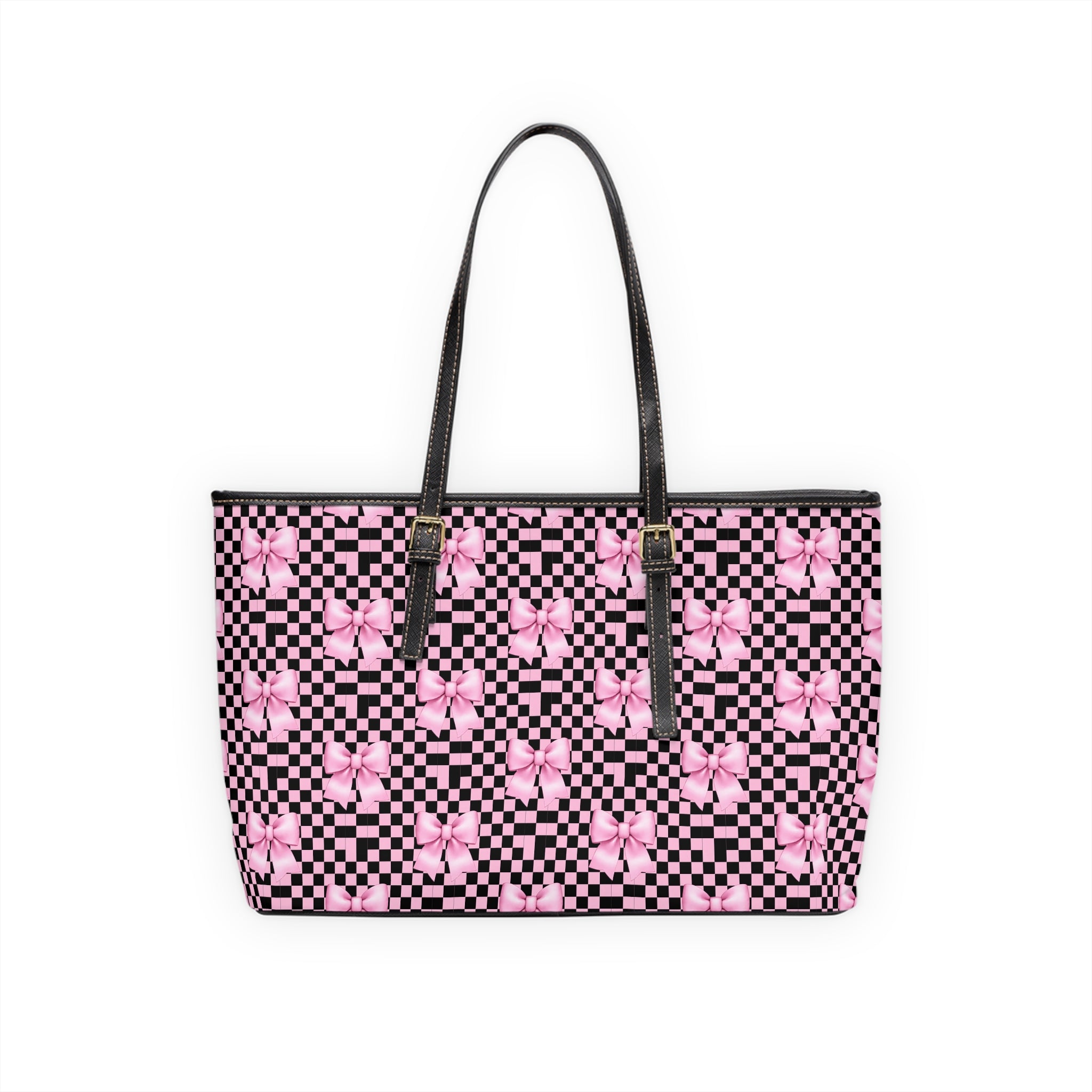 Pink Bow Checker Tote Bag — PU Leather Shoulder Tote
