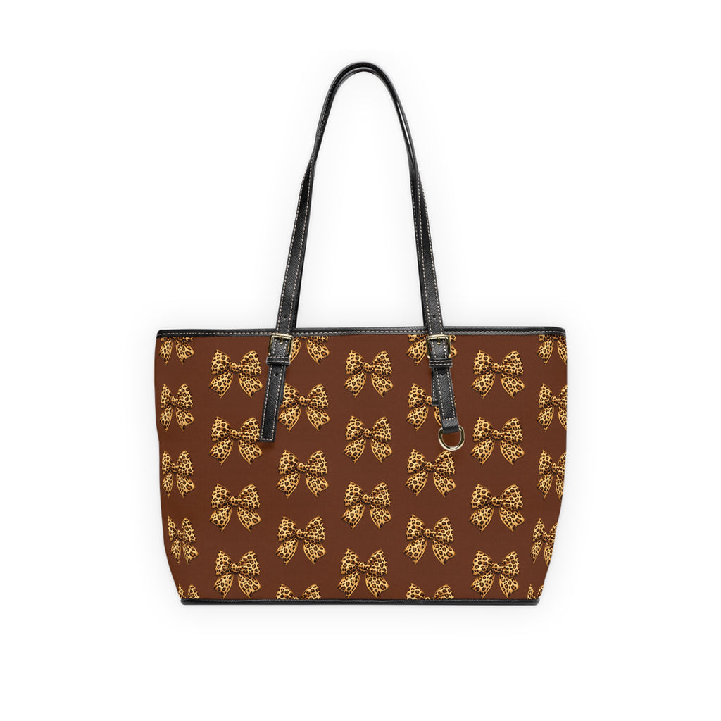 Brown PU Leather Shoulder Bag with Gold Leopard Bow Pattern