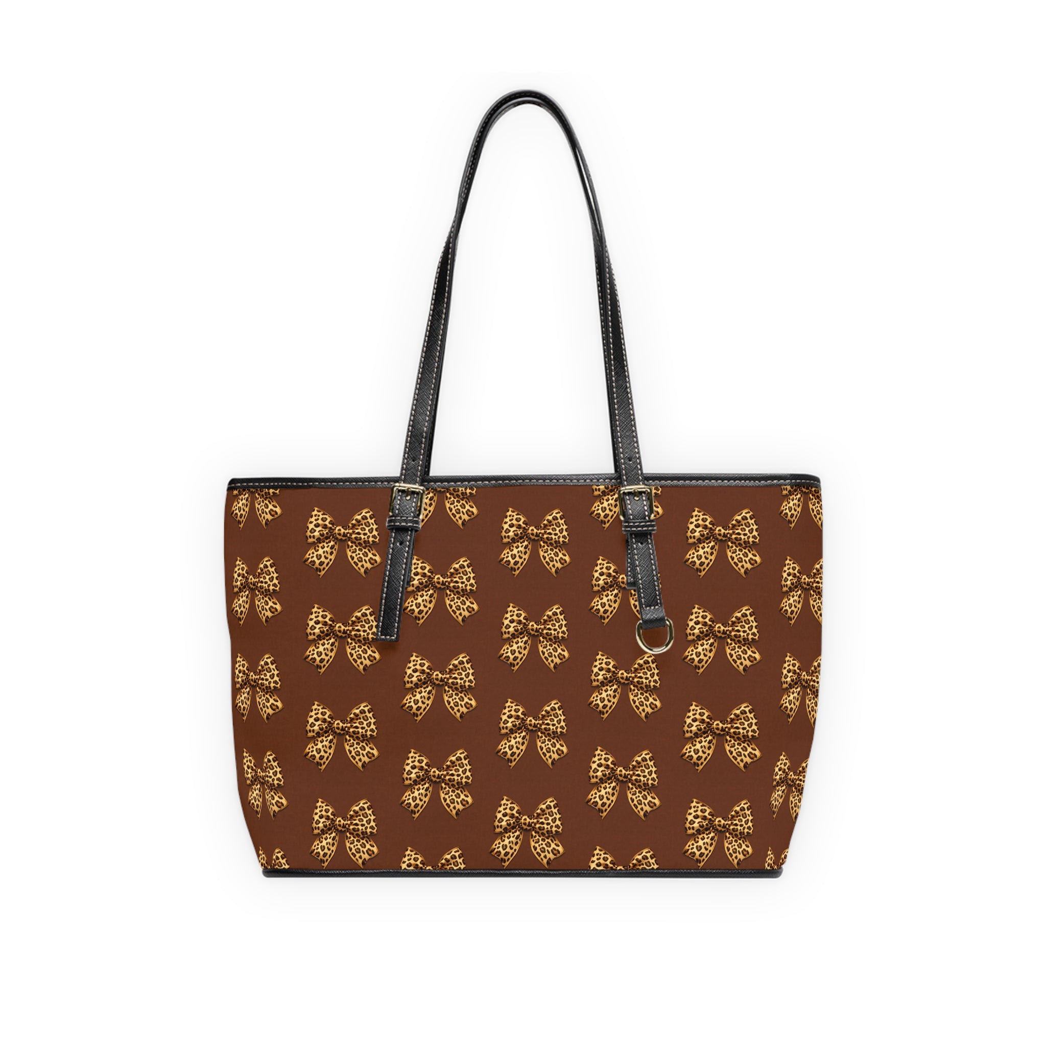 Brown PU Leather Shoulder Bag with Gold Leopard Bow Pattern