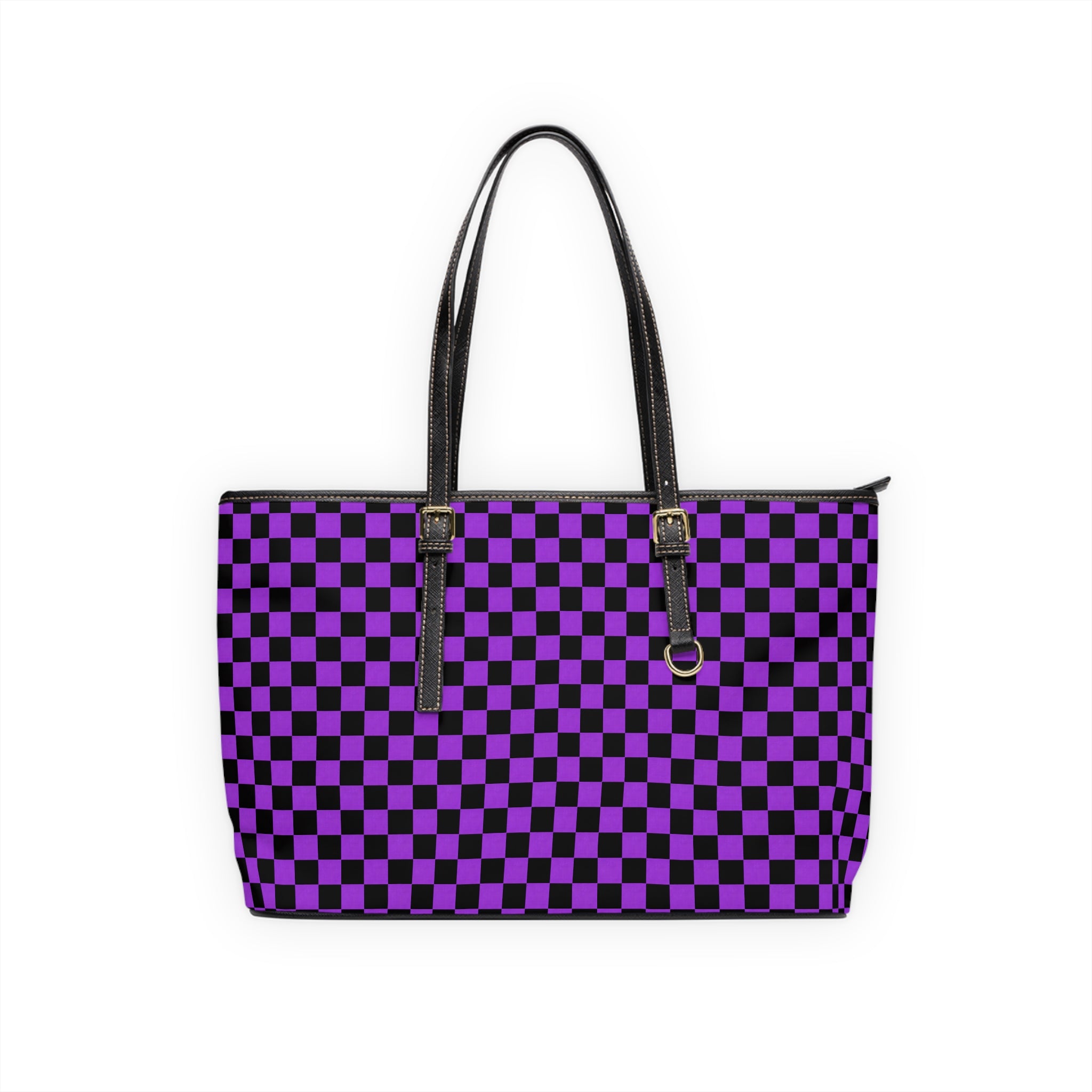 Purple Black Checkerboard Tote Bag — PU Leather Shoulder Bag