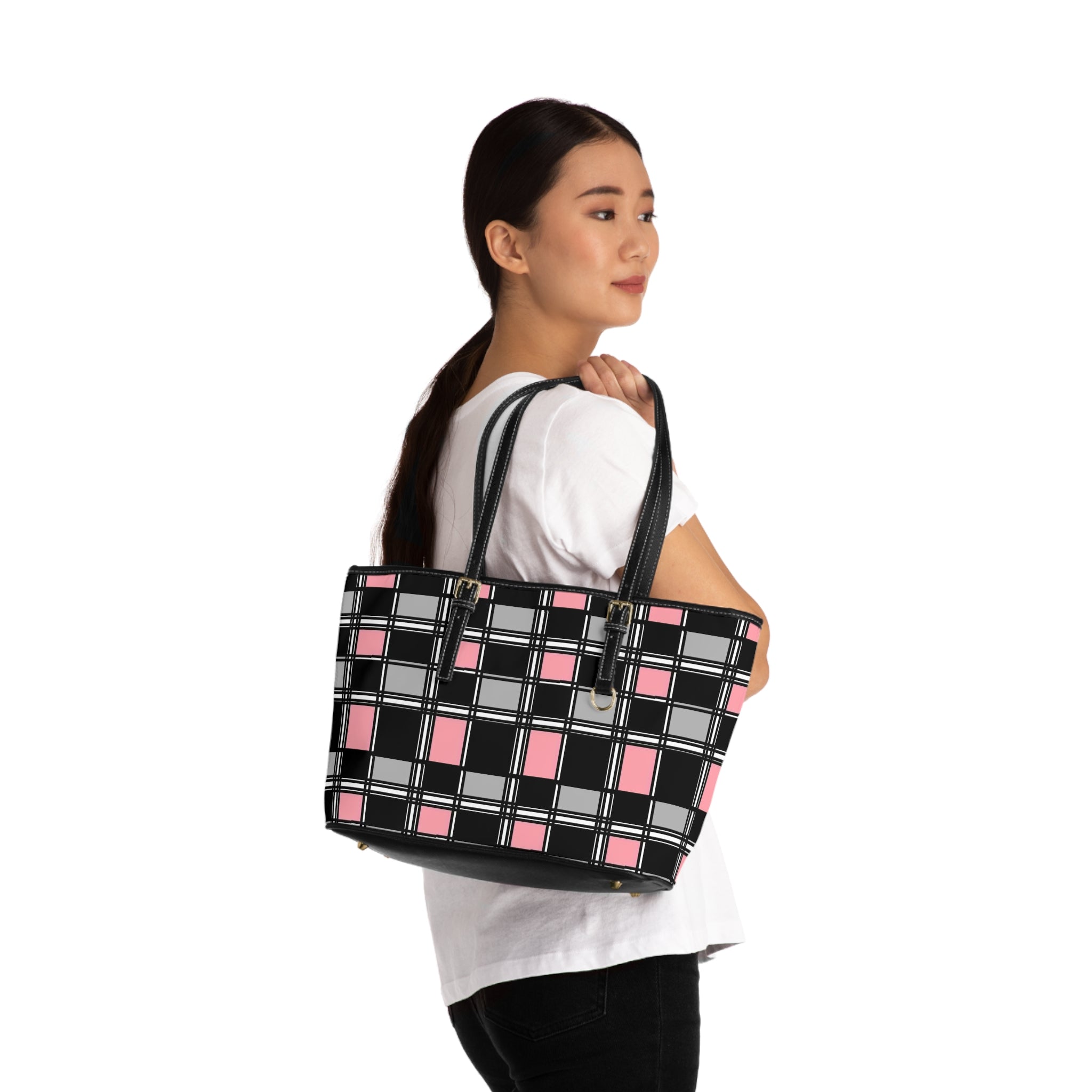 Pink & Black Plaid PU Leather Shoulder Bag