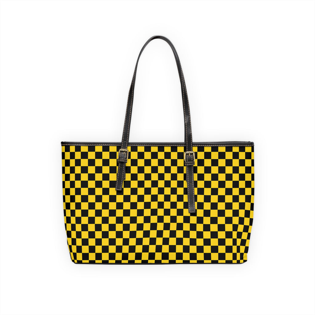 Yellow Black Checkered PU Shoulder Bag — Retro Checkerboard Tote