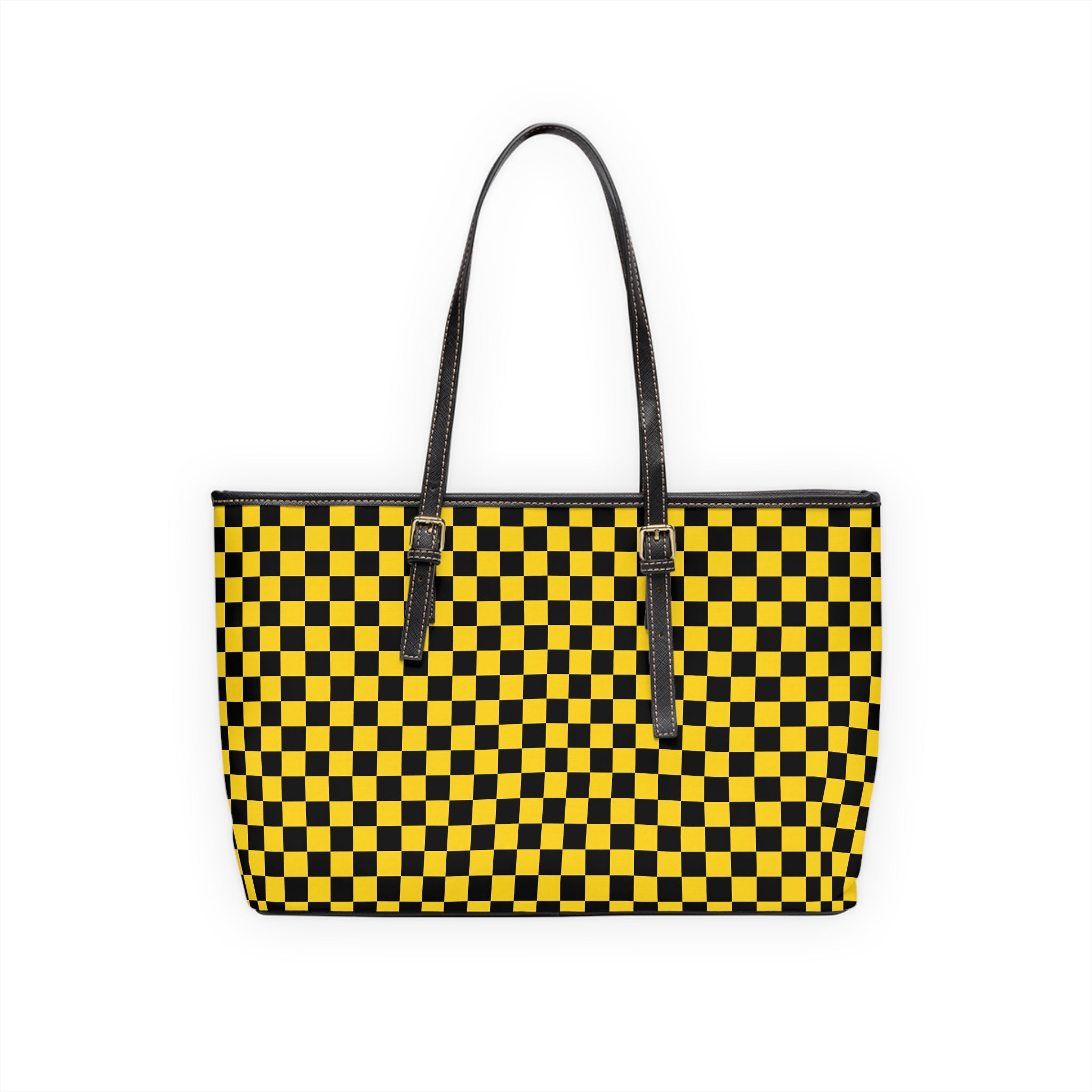 Yellow Black Checkered PU Shoulder Bag — Retro Checkerboard Tote