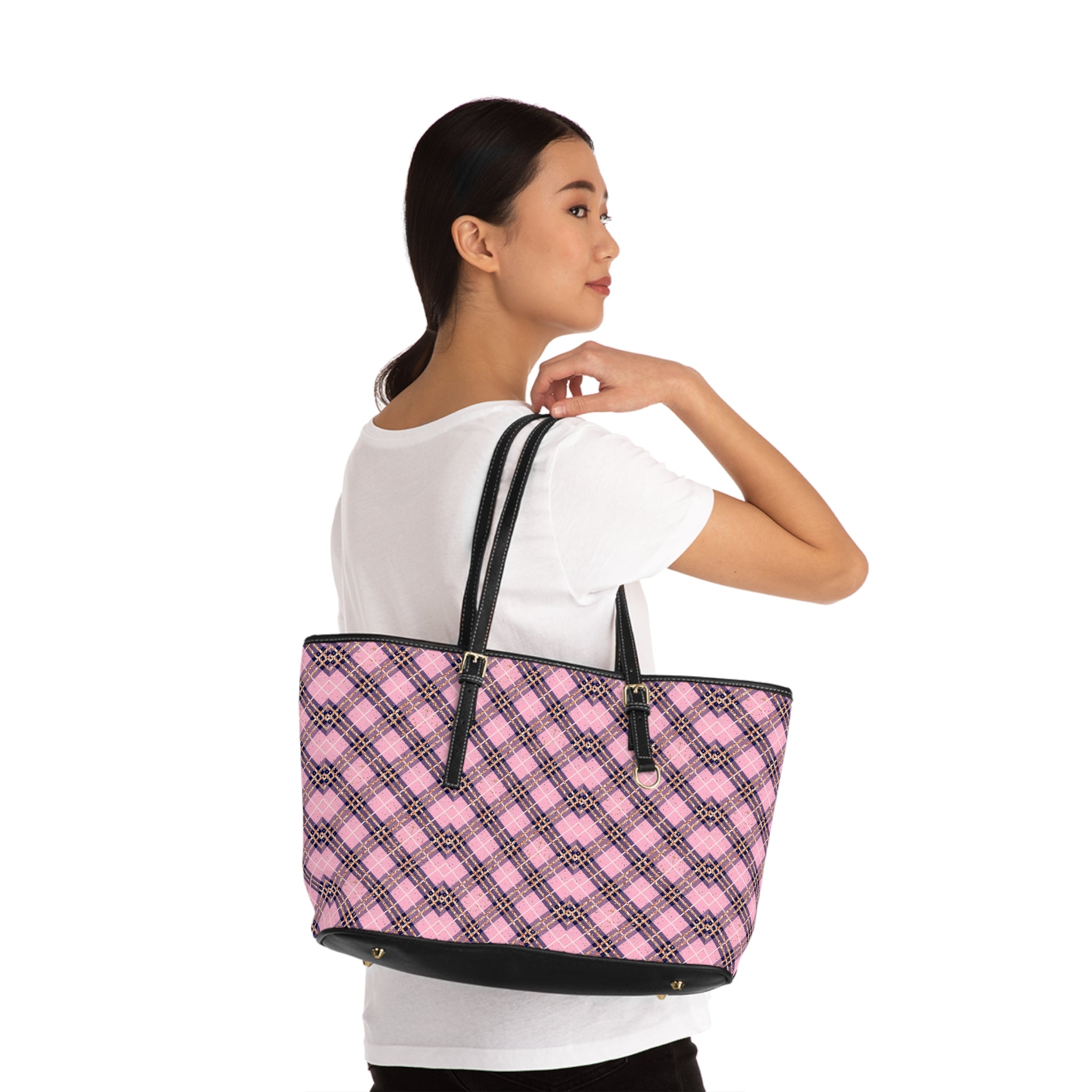 Pink Plaid Pattern Shoulder Bag | PU Leather Tote, Checkered Design