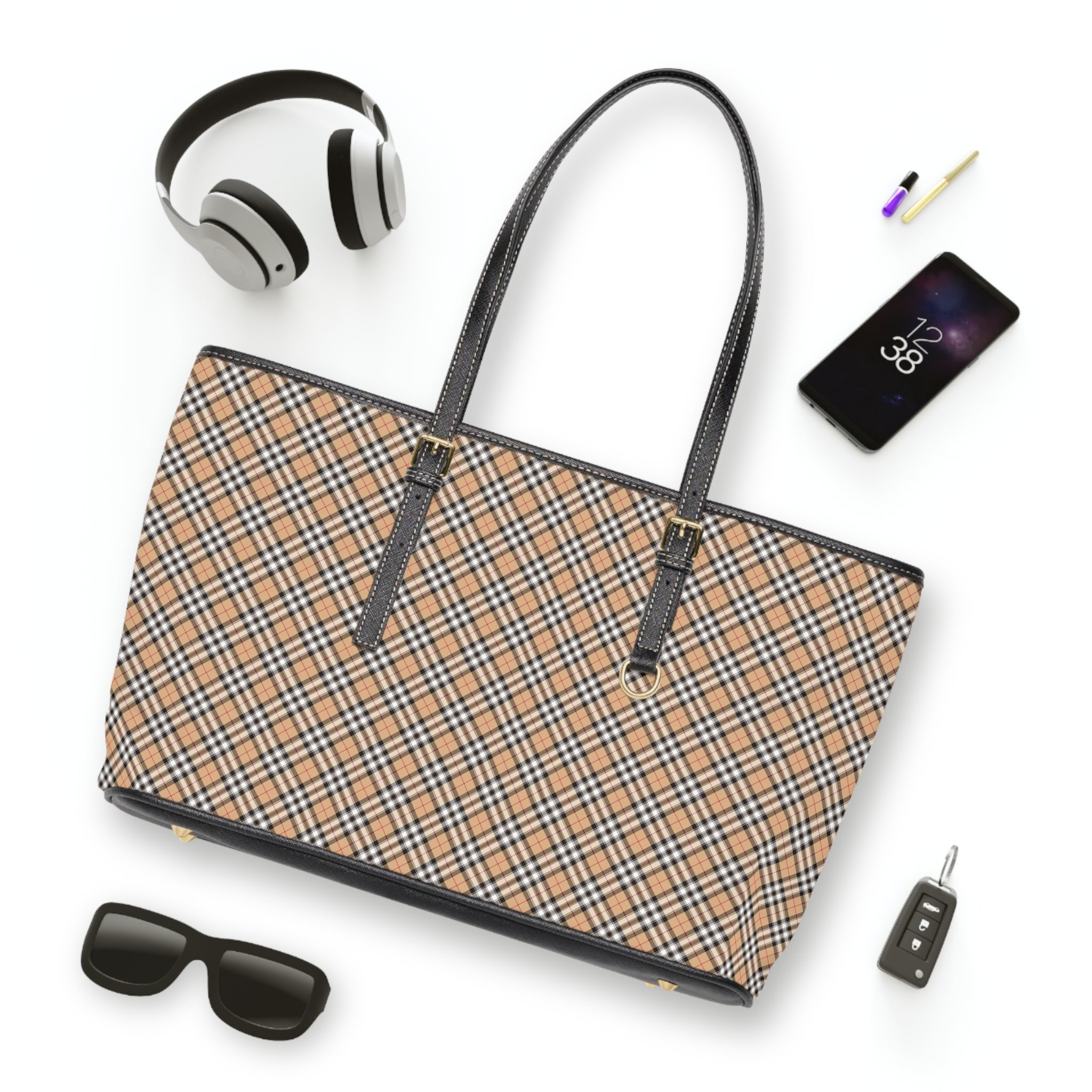 Tan Plaid Tote PU Leather Shoulder Bag | Checkered Pattern Handbag