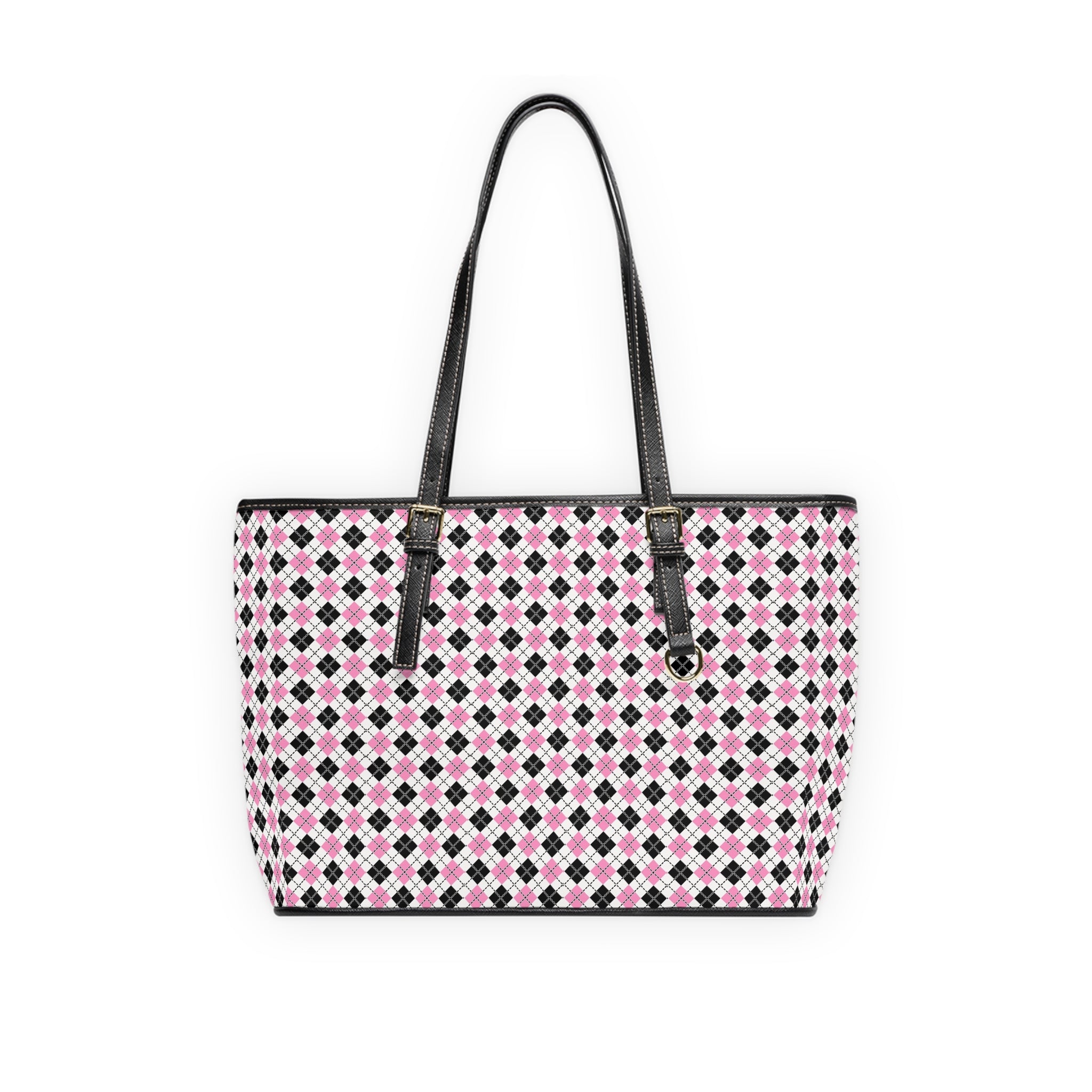 Pink Black Argyle Pattern Shoulder Bag | Geometric Tote, PU Leather