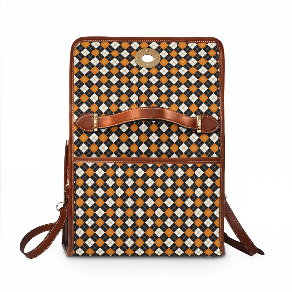 Orange Black Argyle Pattern Waterproof Canvas Bag | Plaid Satchel, Studded Trim