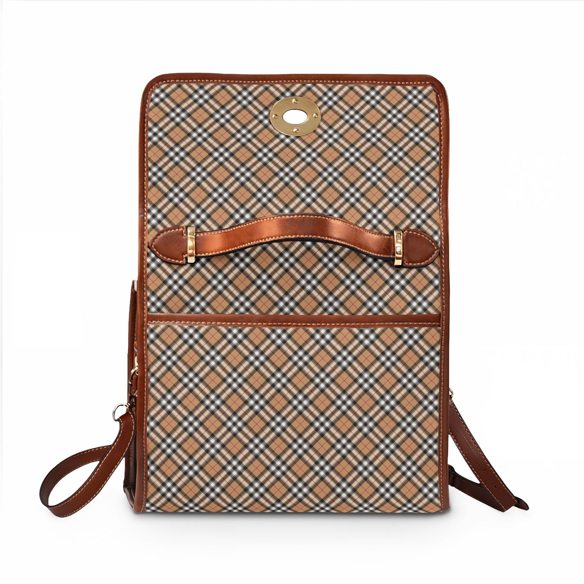 Tan Plaid Handbag Waterproof Canvas Bag | Vintage Check Pattern, Leather Trim