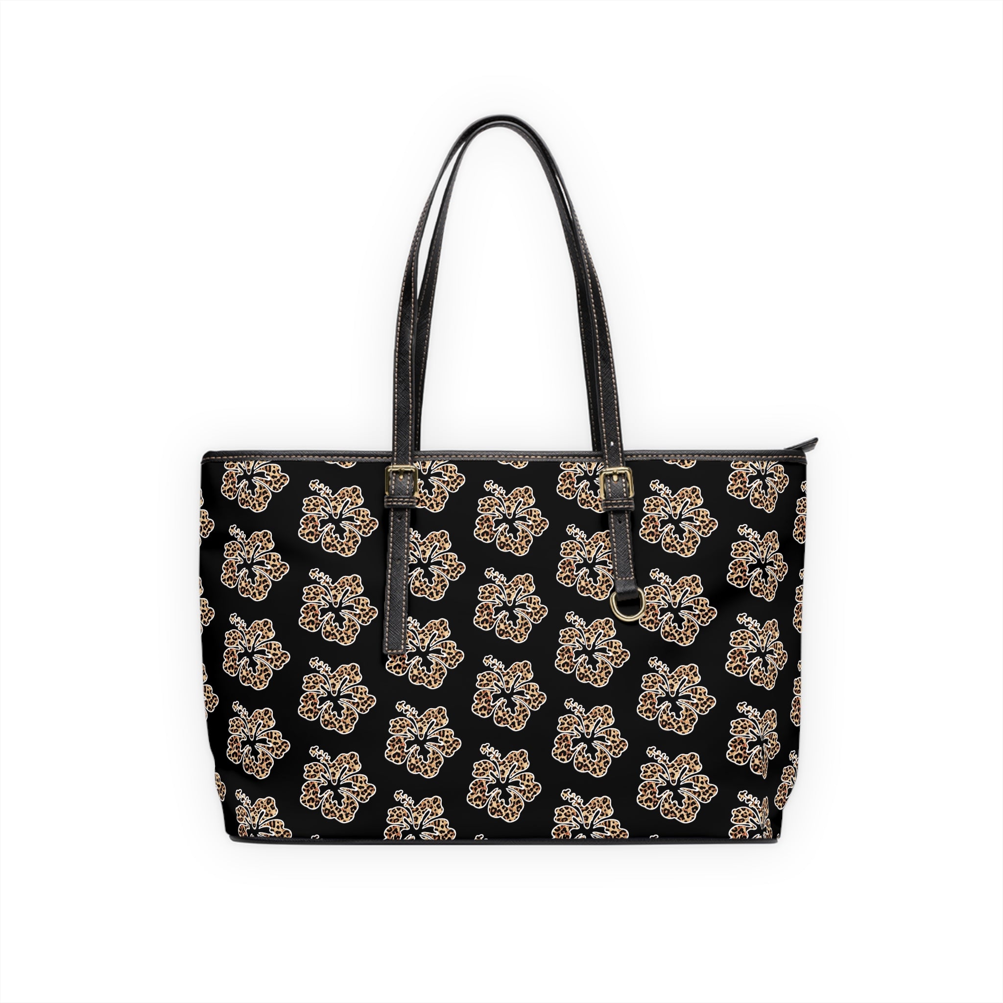 Leopard Floral PU Leather Shoulder Bag — Chic Black Tote for Everyday & Work