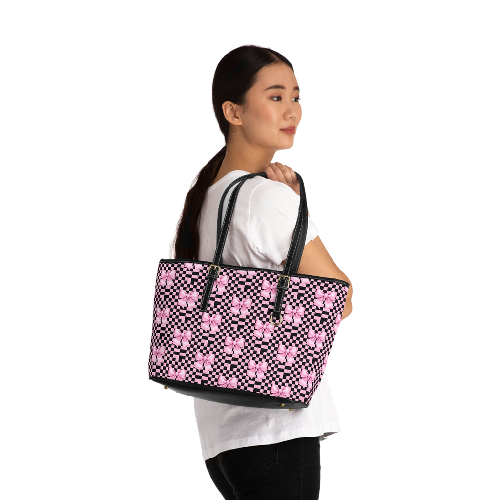 Pink Bow Checker Tote Bag — PU Leather Shoulder Tote