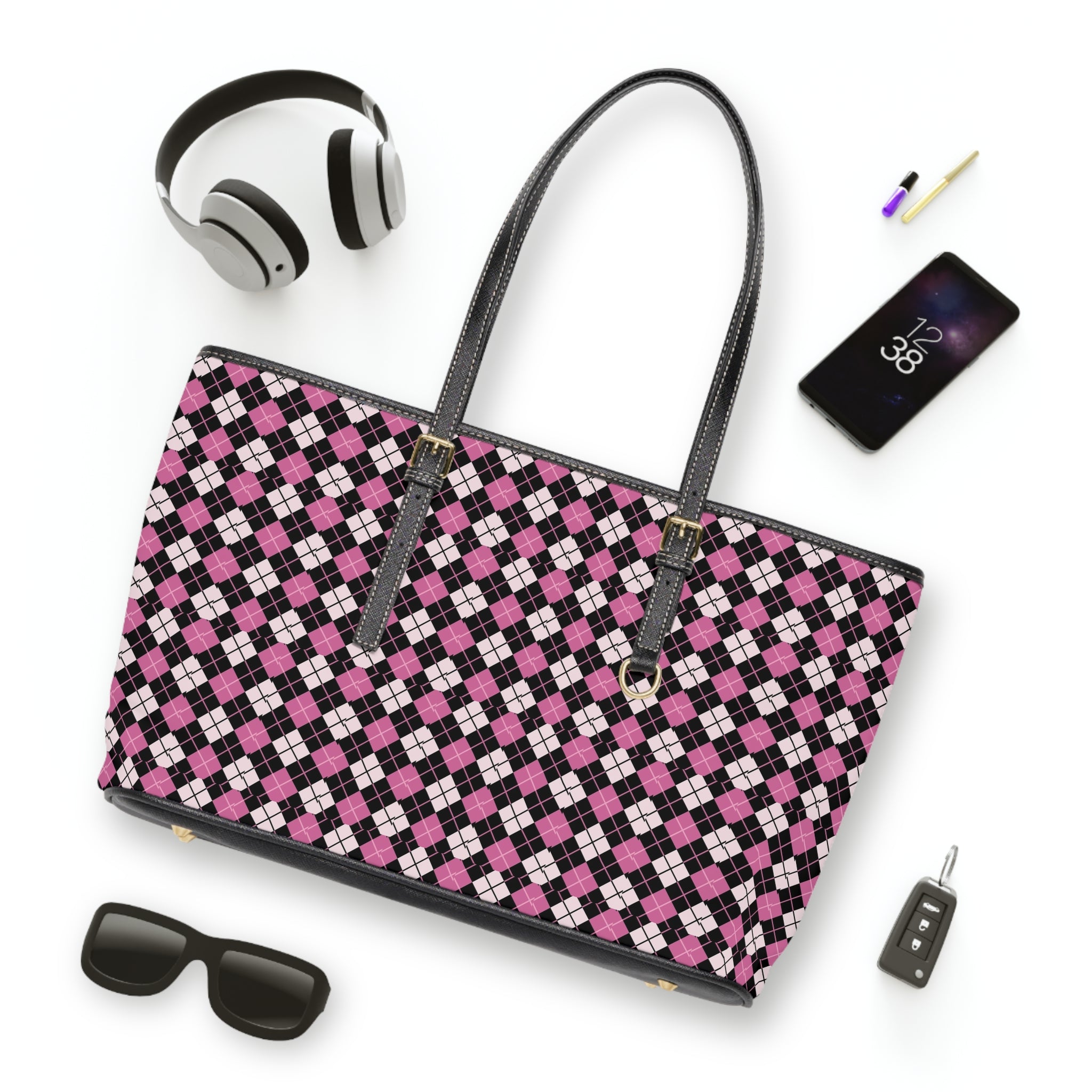 Pink Black Argyle Shoulder Bag | Plaid Tote, Checkered Pattern