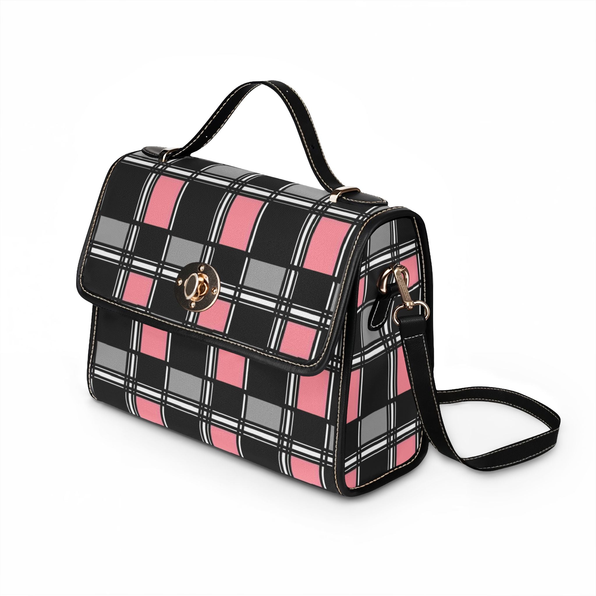 Pink Black Plaid Waterproof Canvas Bag | Checker Tote Purse