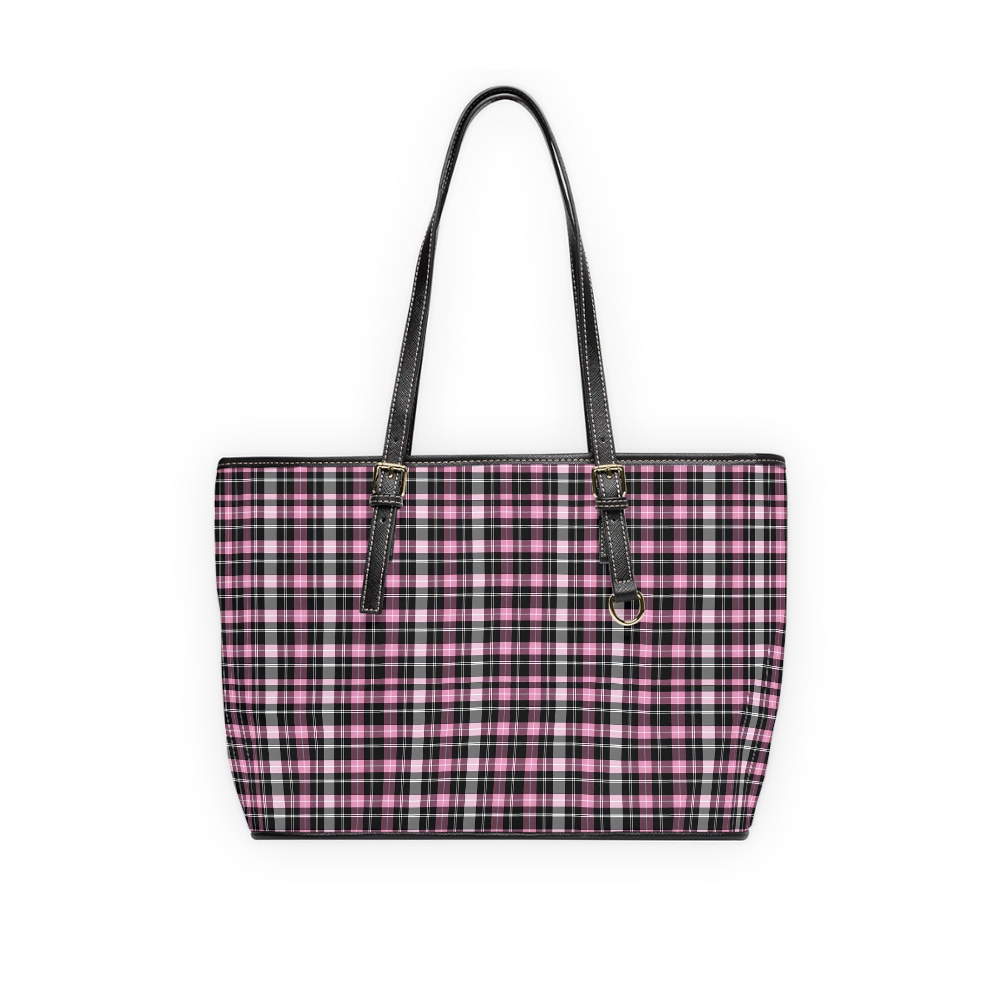 Pink Black Plaid Shoulder Bag | PU Leather Tote, Check Pattern