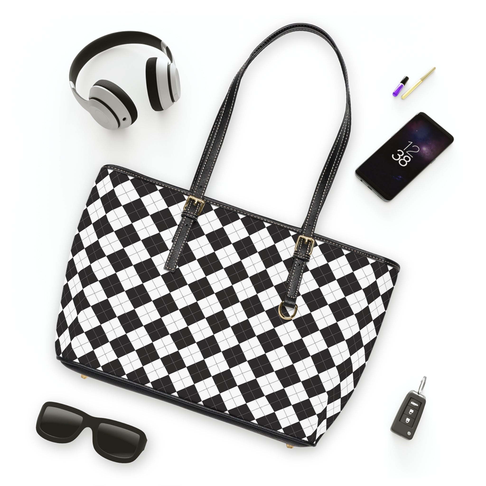 Black & White Checker PU Leather Shoulder Bag — Stylish Tote for Everyday Use