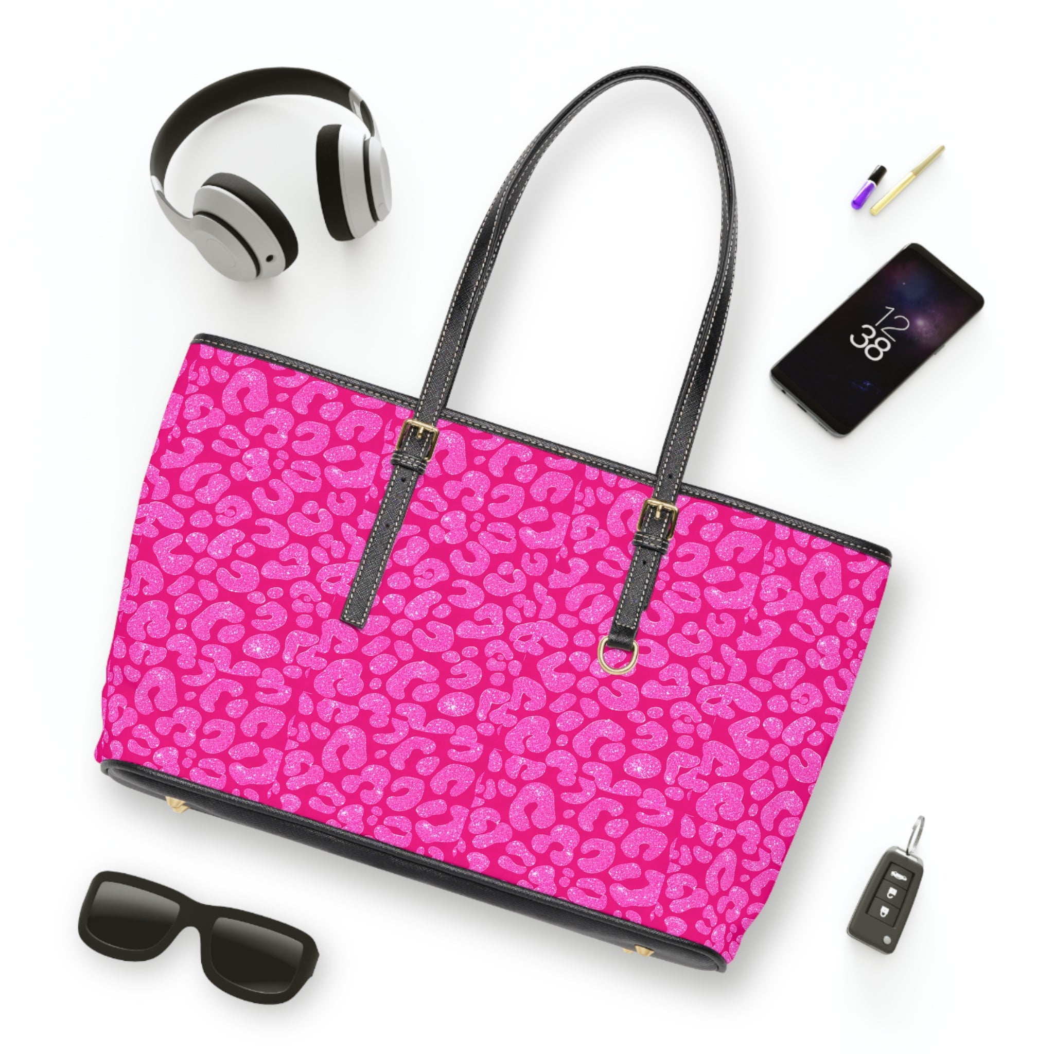 Pink Leopard Print PU Leather Shoulder Bag — Trendy Animal Print Tote for Everyday Use