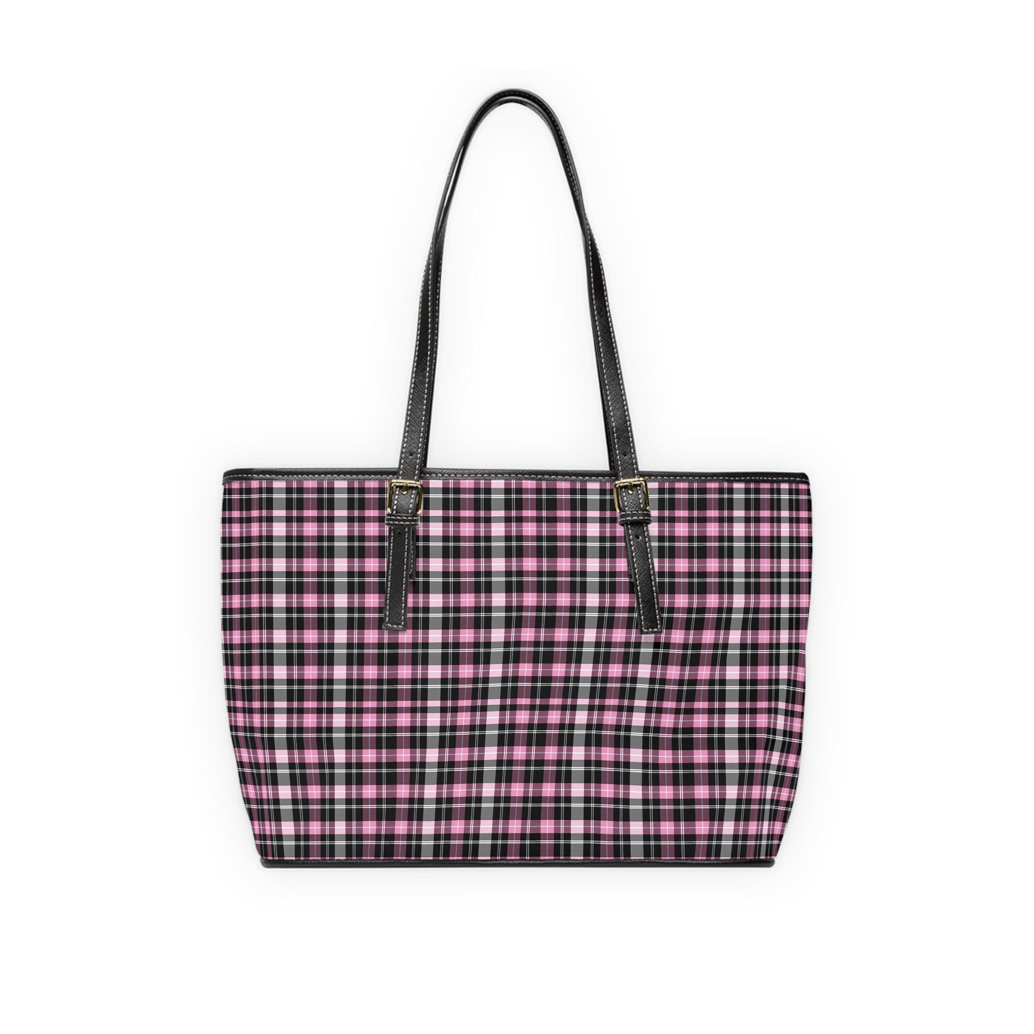 Pink Black Plaid Shoulder Bag | PU Leather Tote, Check Pattern