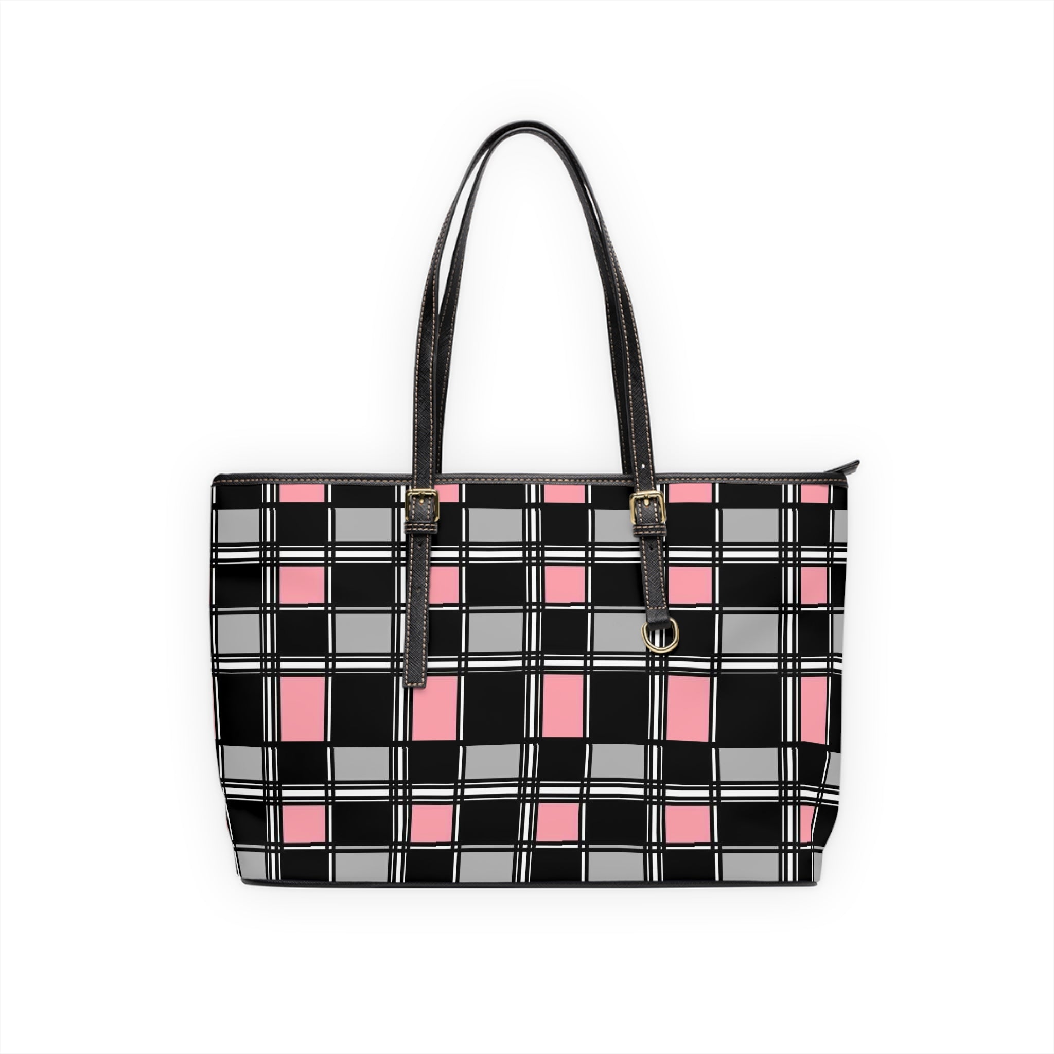 Pink & Black Plaid PU Leather Shoulder Bag