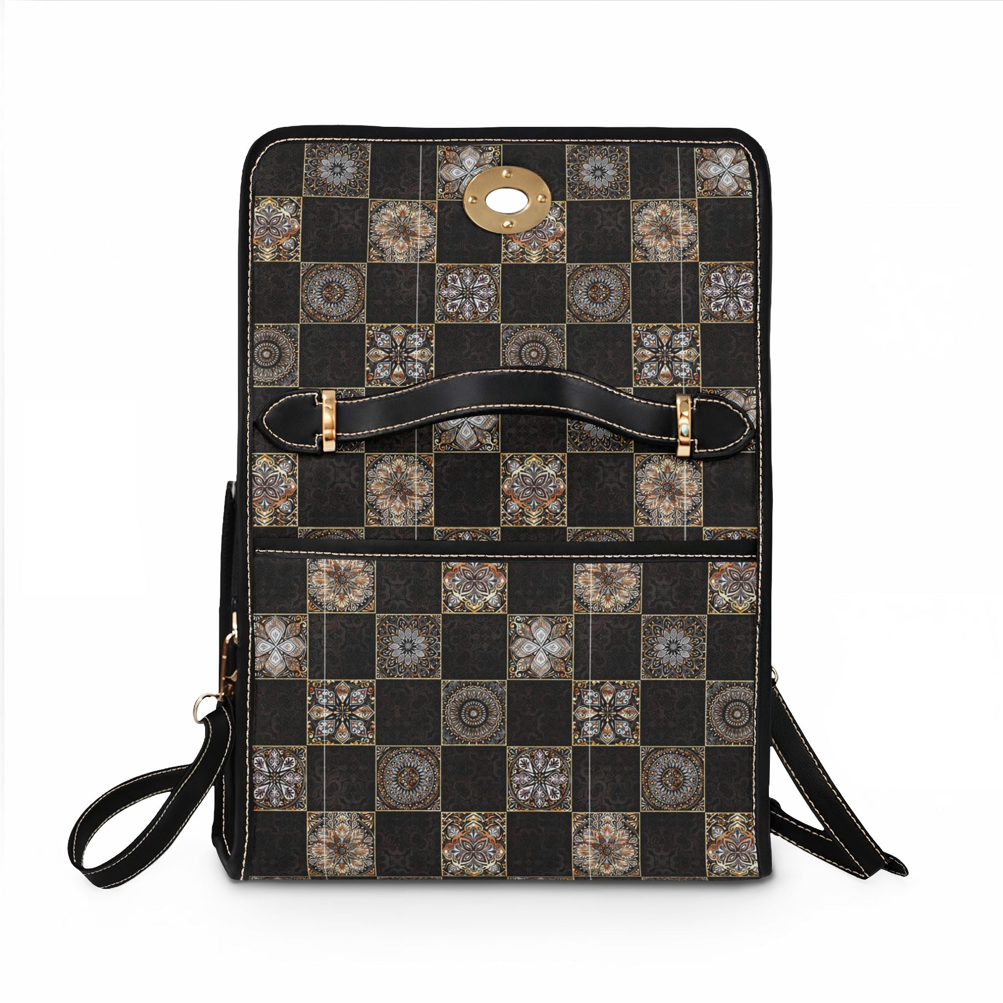 Vintage Tile Checkerboard Canvas Handbag — Waterproof Grid Pattern Shoulder Bag