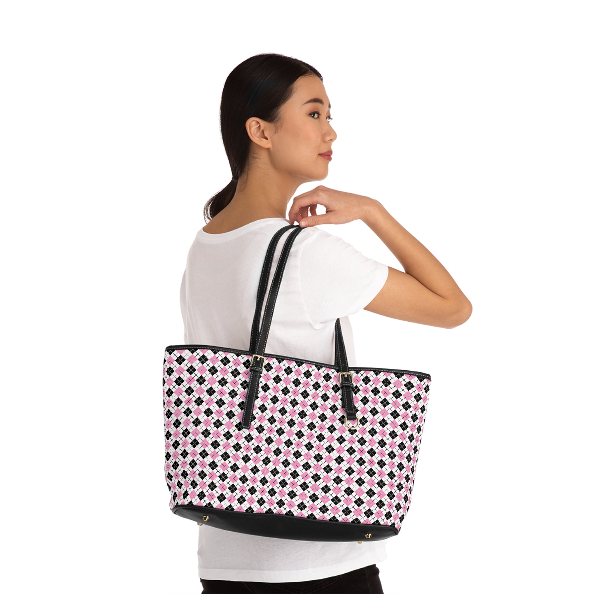 Pink Black Argyle Pattern Shoulder Bag | Geometric Tote, PU Leather