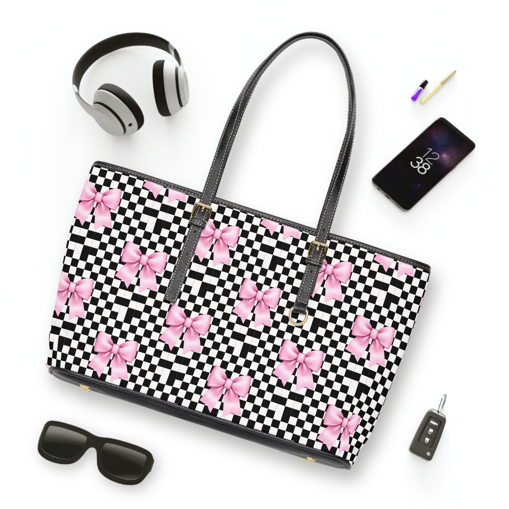 Checkered Pink Bow PU Shoulder Bag — Feminine Checkerboard Tote for Everyday & Gifts