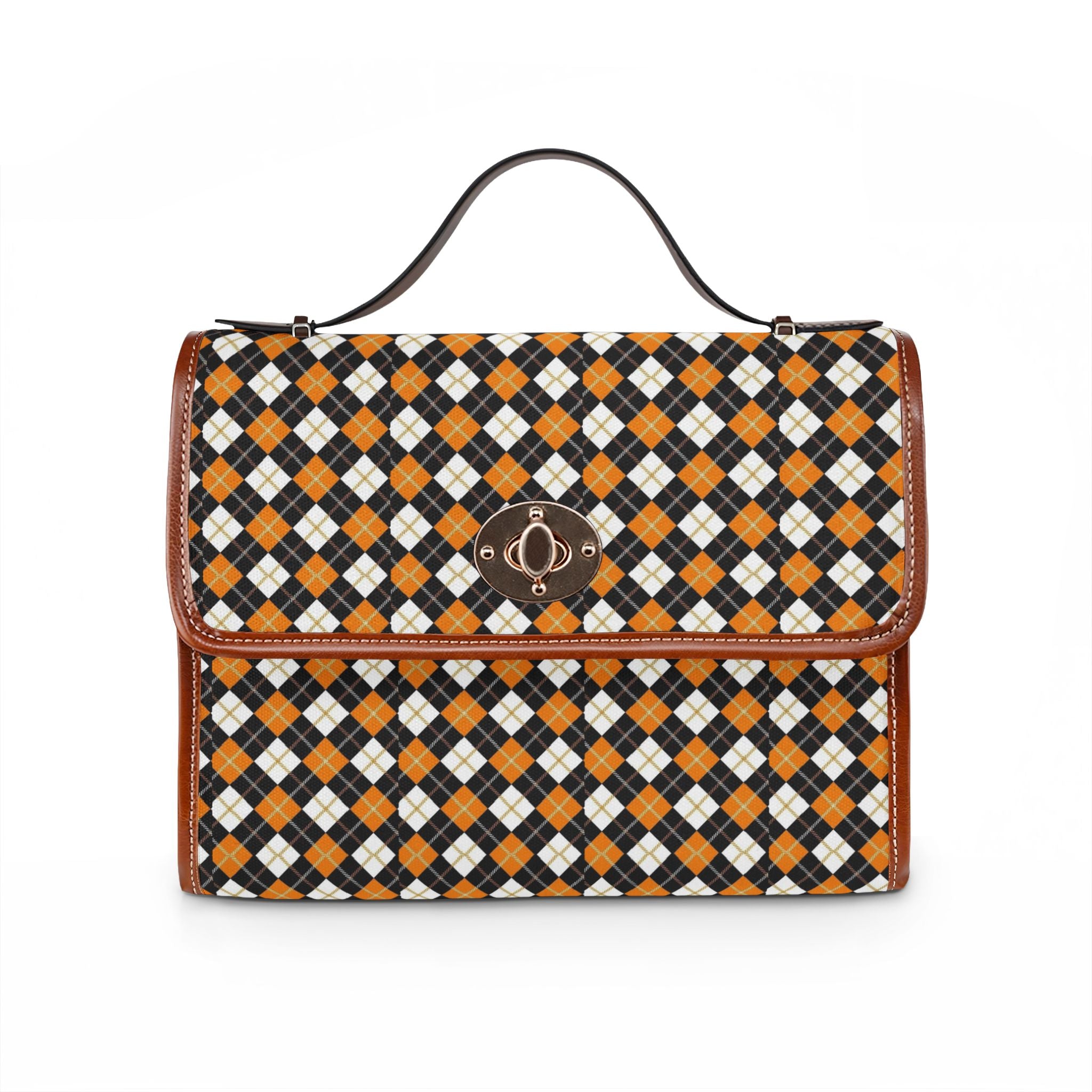 Orange Black Argyle Pattern Waterproof Canvas Bag | Plaid Satchel, Studded Trim