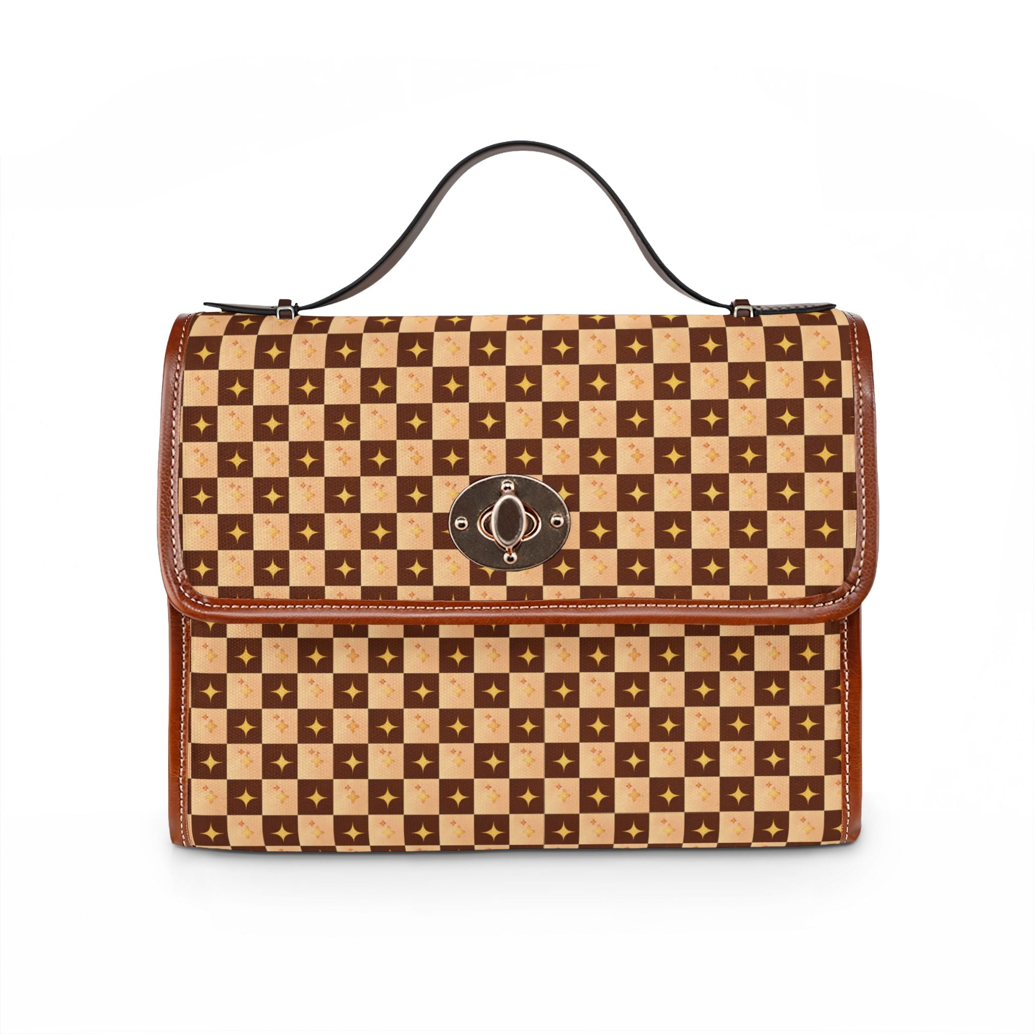 Checkerboard Pattern Handbag Waterproof Canvas Bag | Brown Leather Trim