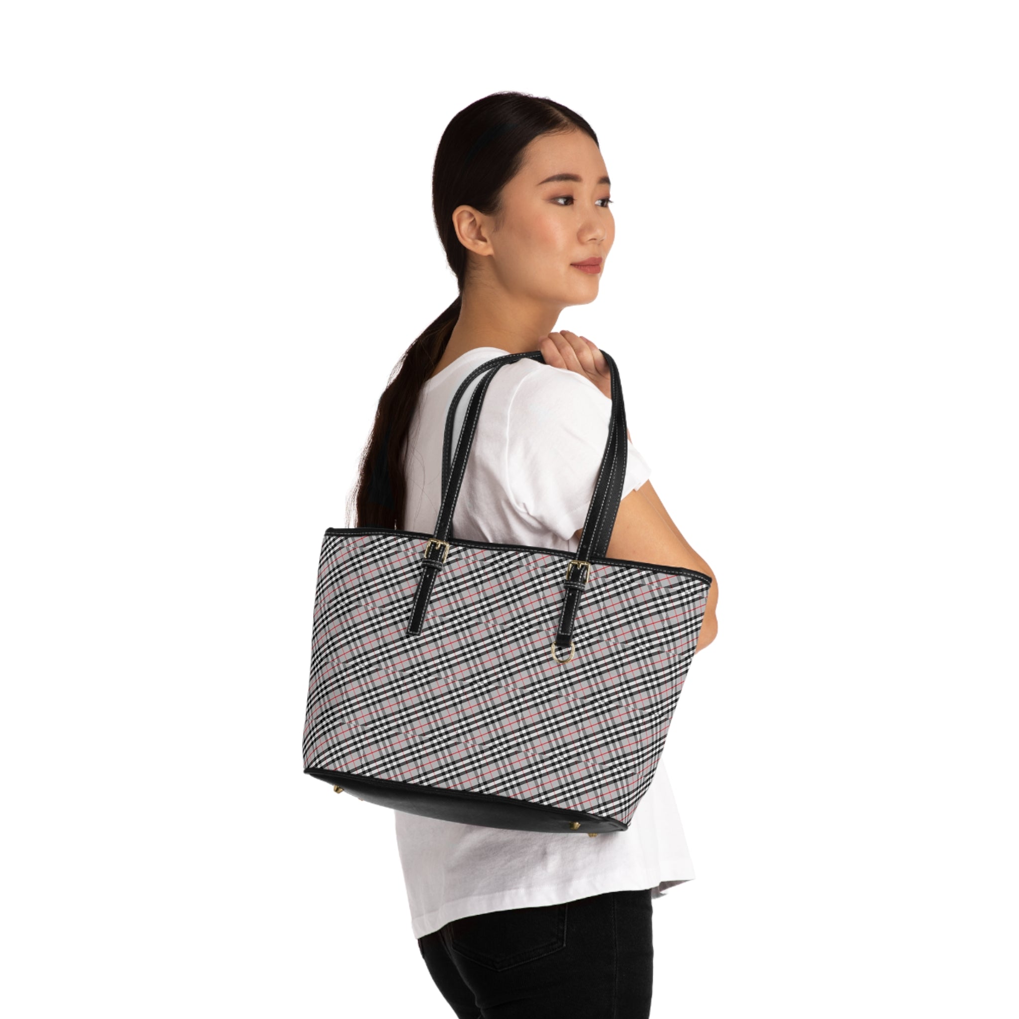 Pink Black Plaid Shoulder Bag | PU Leather Tote
