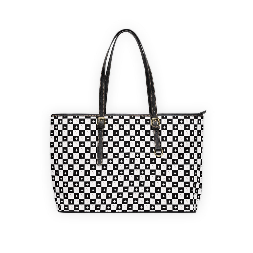Checkerboard PU Leather Shoulder Bag – Black & White Patterned Tote