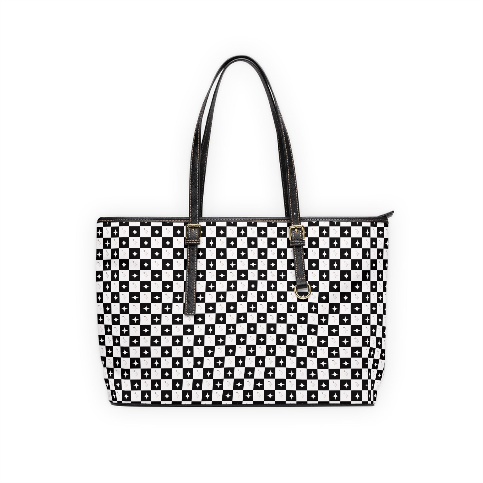 Checkerboard PU Leather Shoulder Bag – Black & White Patterned Tote