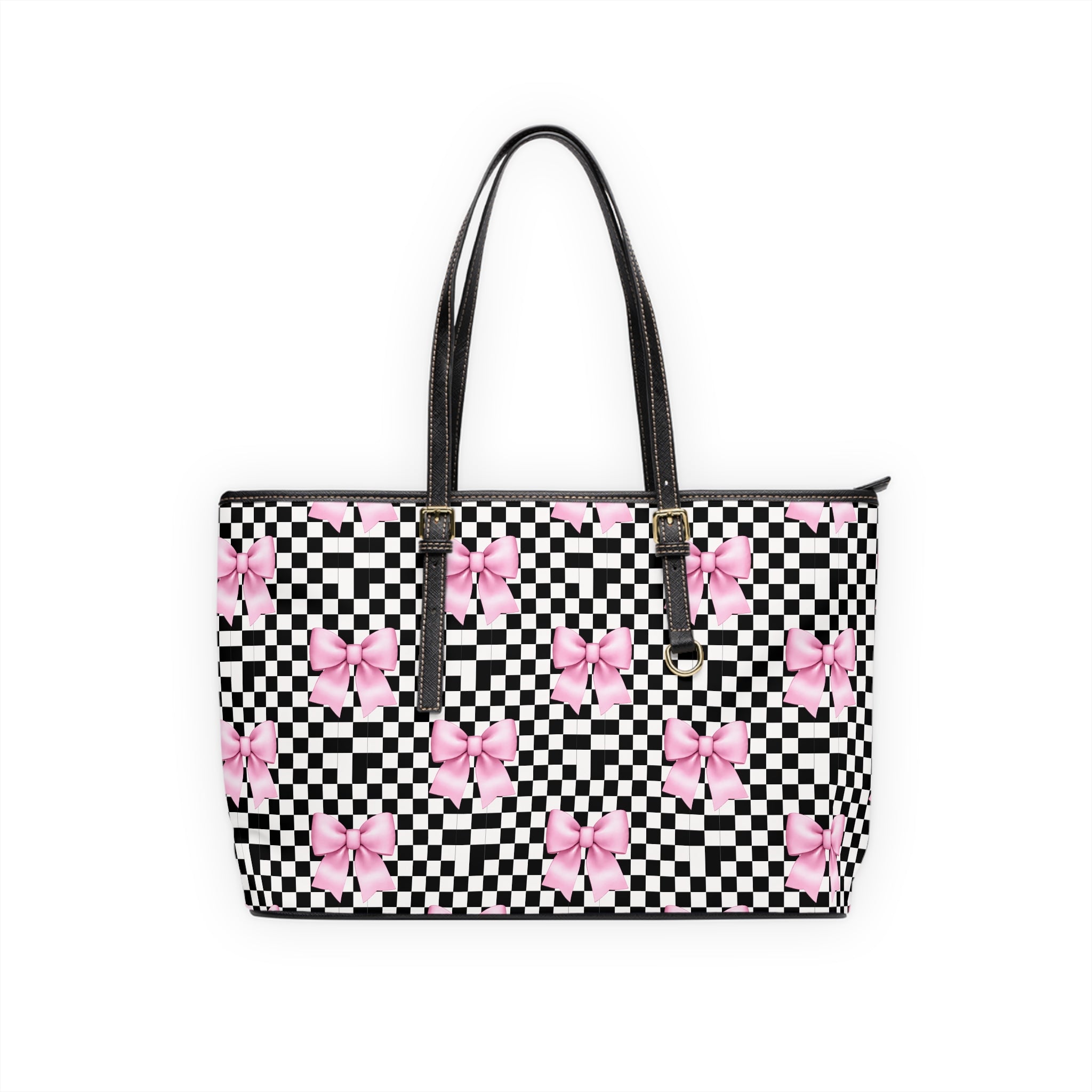 Checkered Pink Bow PU Shoulder Bag — Feminine Checkerboard Tote for Everyday & Gifts