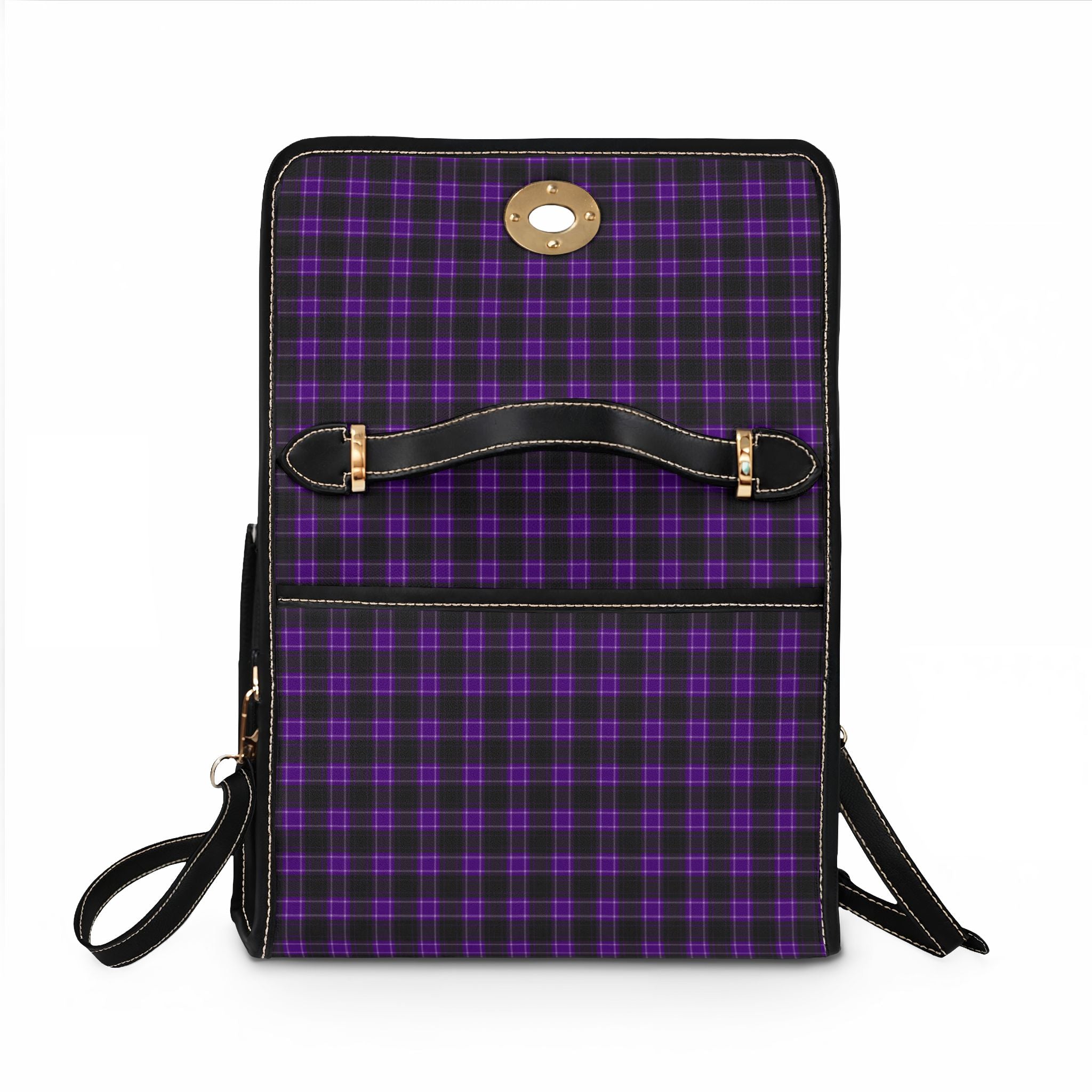Black and Purple Plaid Pattern Waterproof Canvas Bag