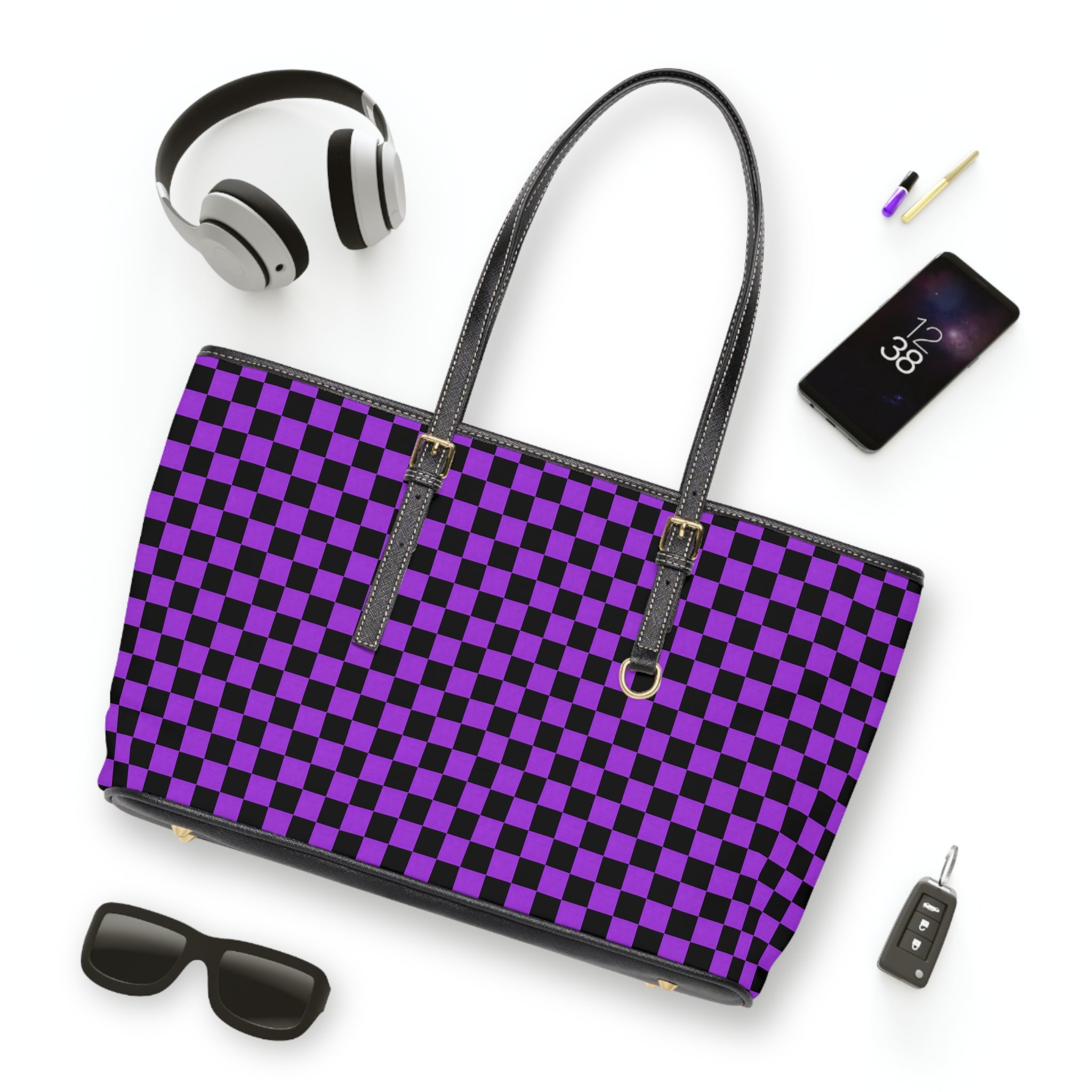Purple Black Checkerboard Tote Bag — PU Leather Shoulder Bag