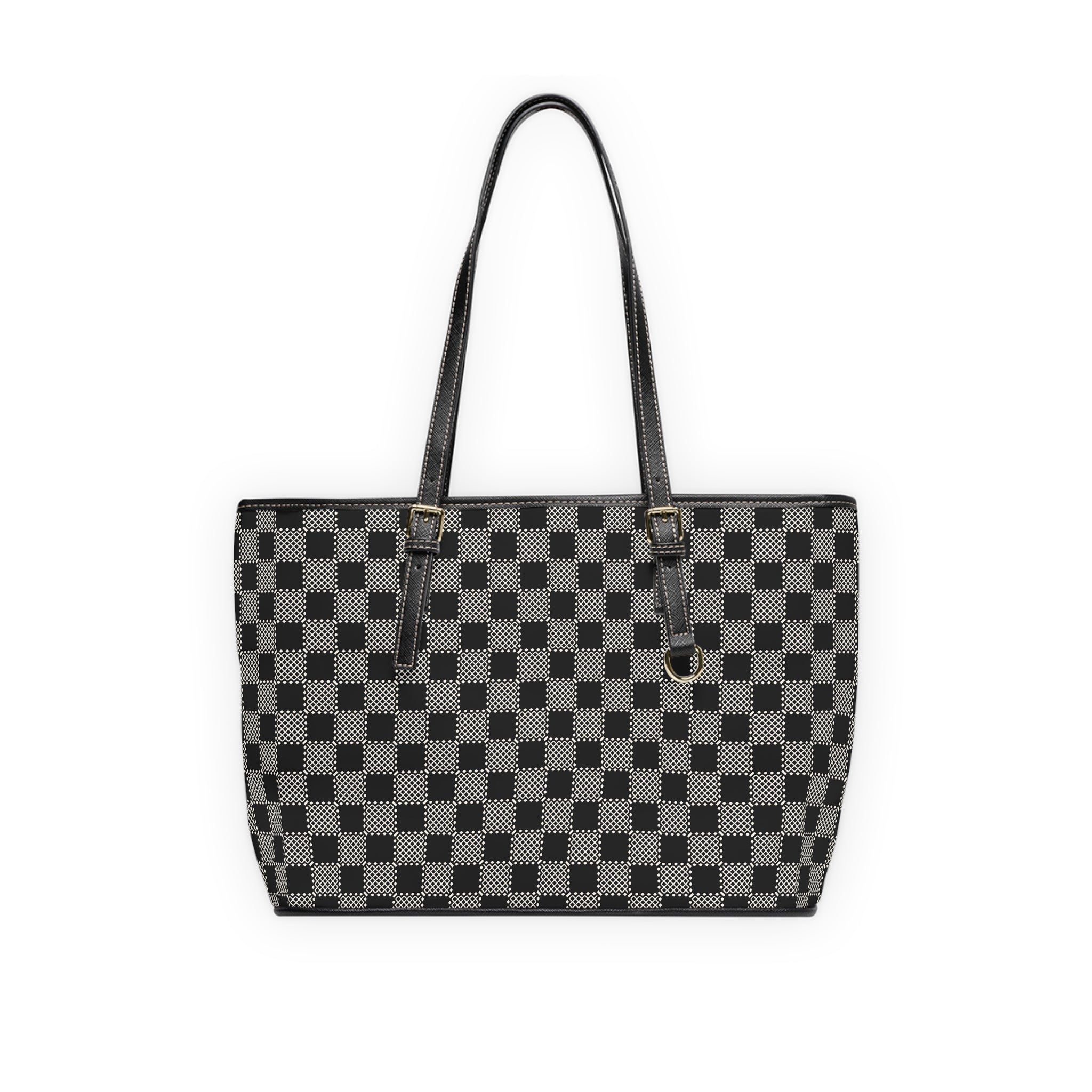 Checkerboard PU Shoulder Bag – Black Gray Tote for Everyday & Work