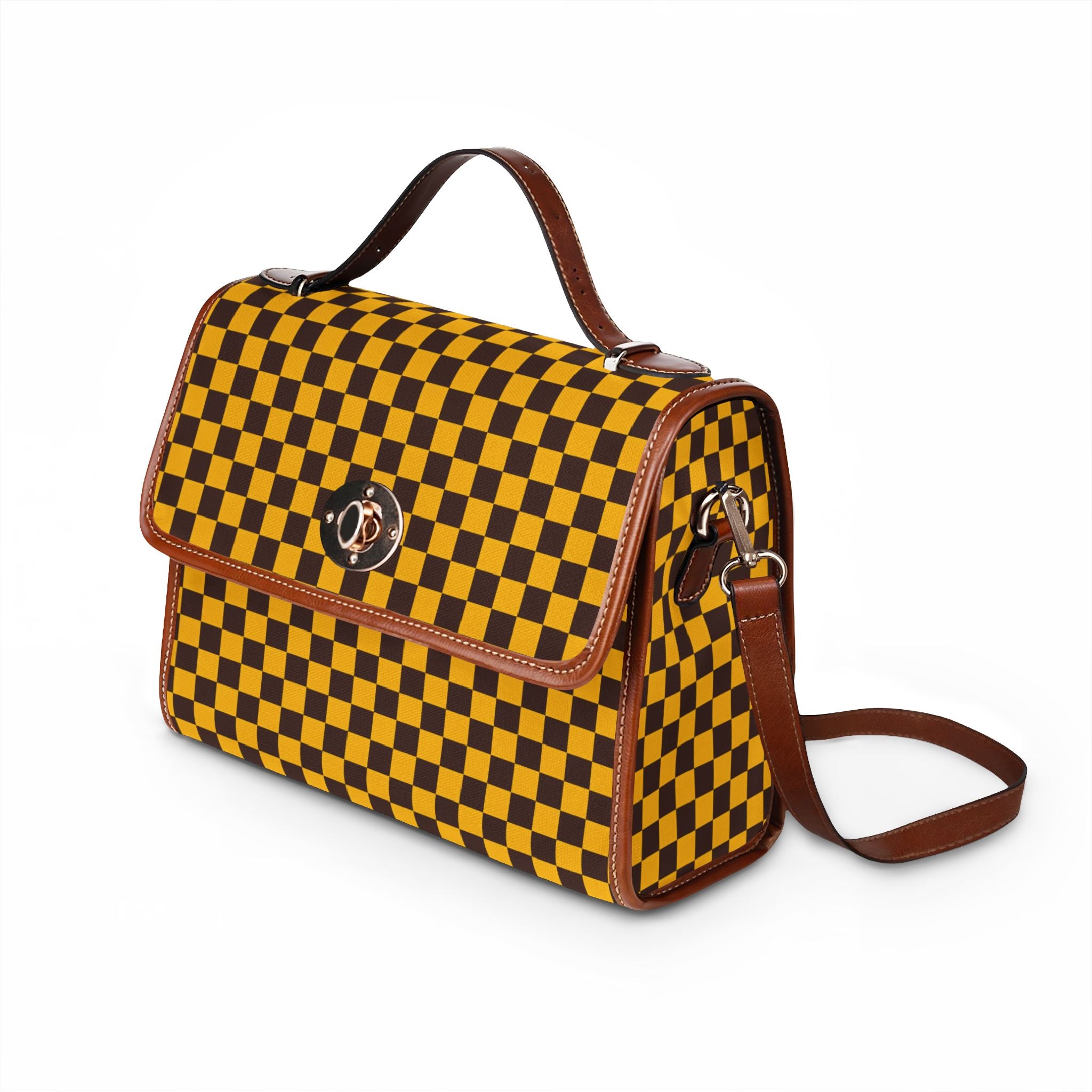 Yellow Black Checkerboard Waterproof Canvas Bag | Retro Grid Tote
