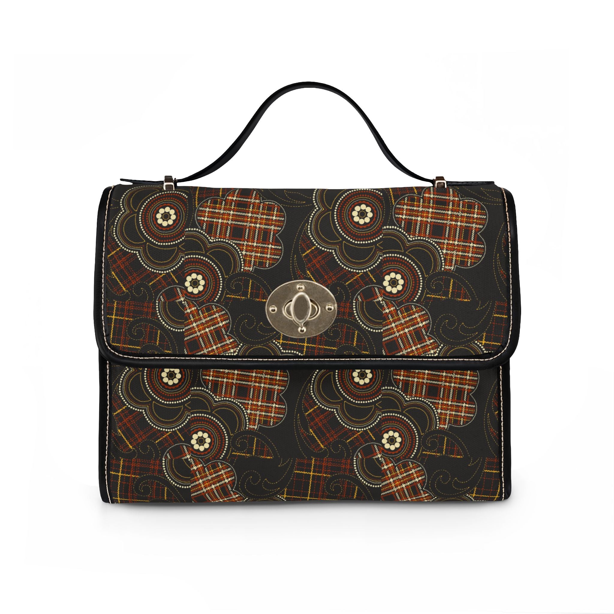 Flower with Plaid Pattern Brown Waterproof Canvas Bag
