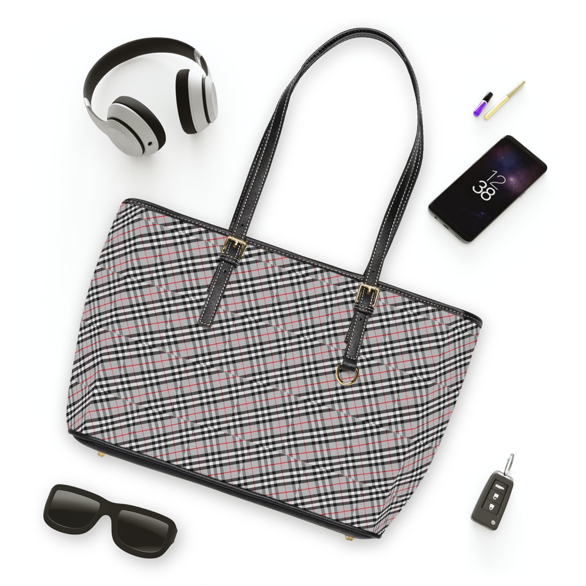 Pink Black Plaid Shoulder Bag | PU Leather Tote