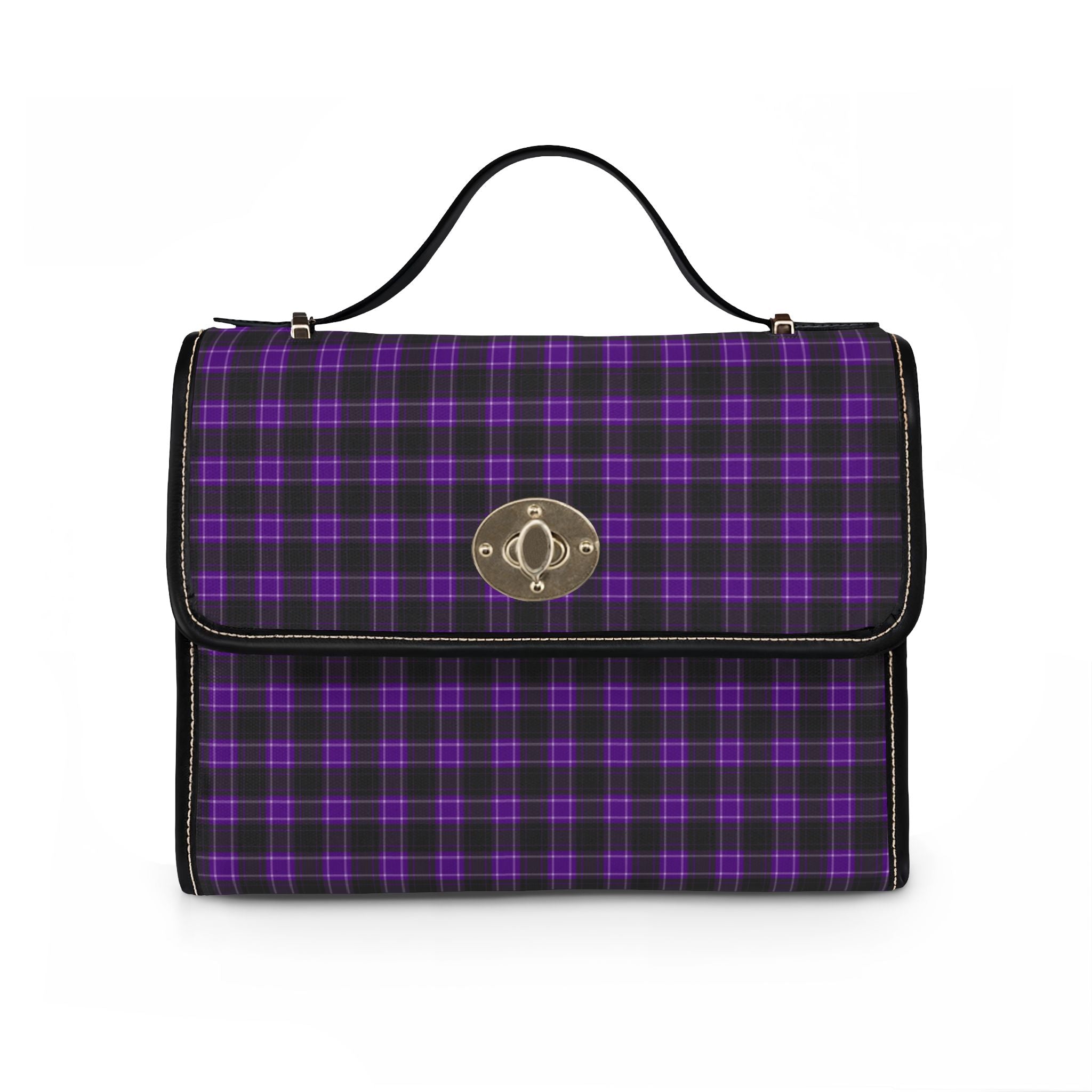 Black and Purple Plaid Pattern Waterproof Canvas Bag