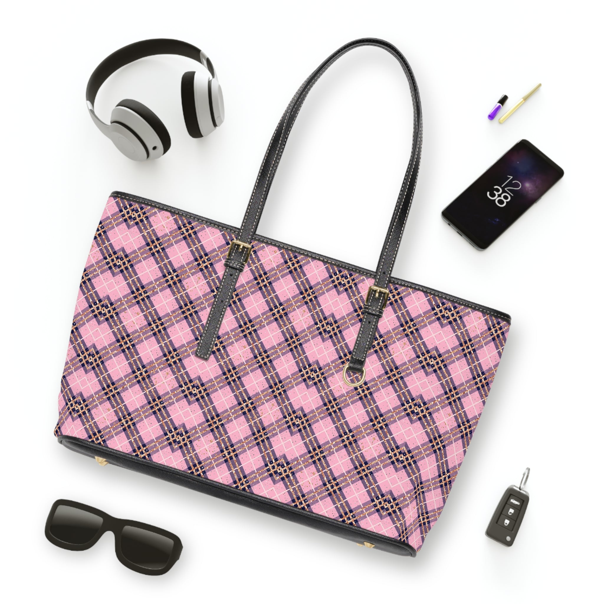 Pink Plaid Pattern Shoulder Bag | PU Leather Tote, Checkered Design