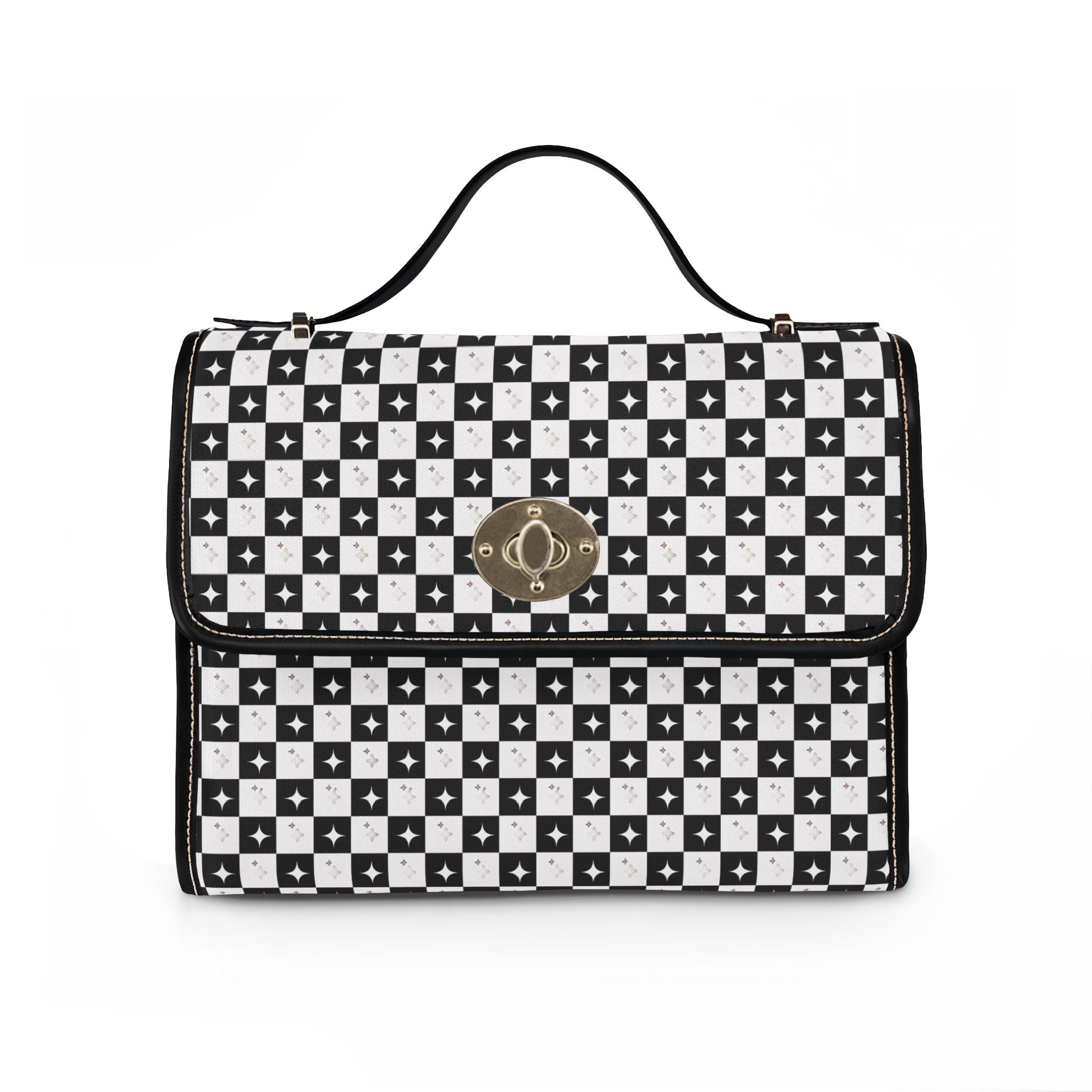 Black and White Checkerboard Pattern Stars Waterproof Canvas Bag