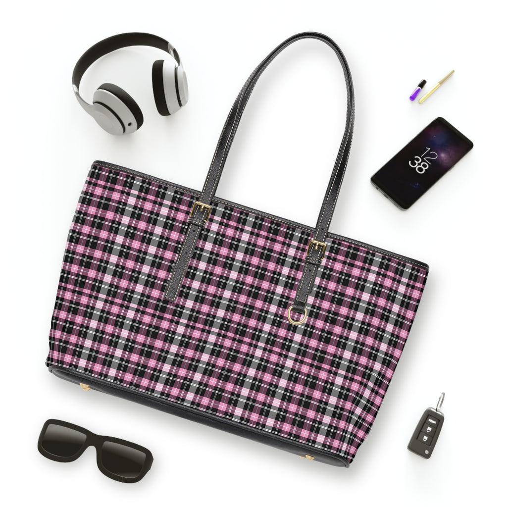 Pink Black Plaid Shoulder Bag | PU Leather Tote, Check Pattern