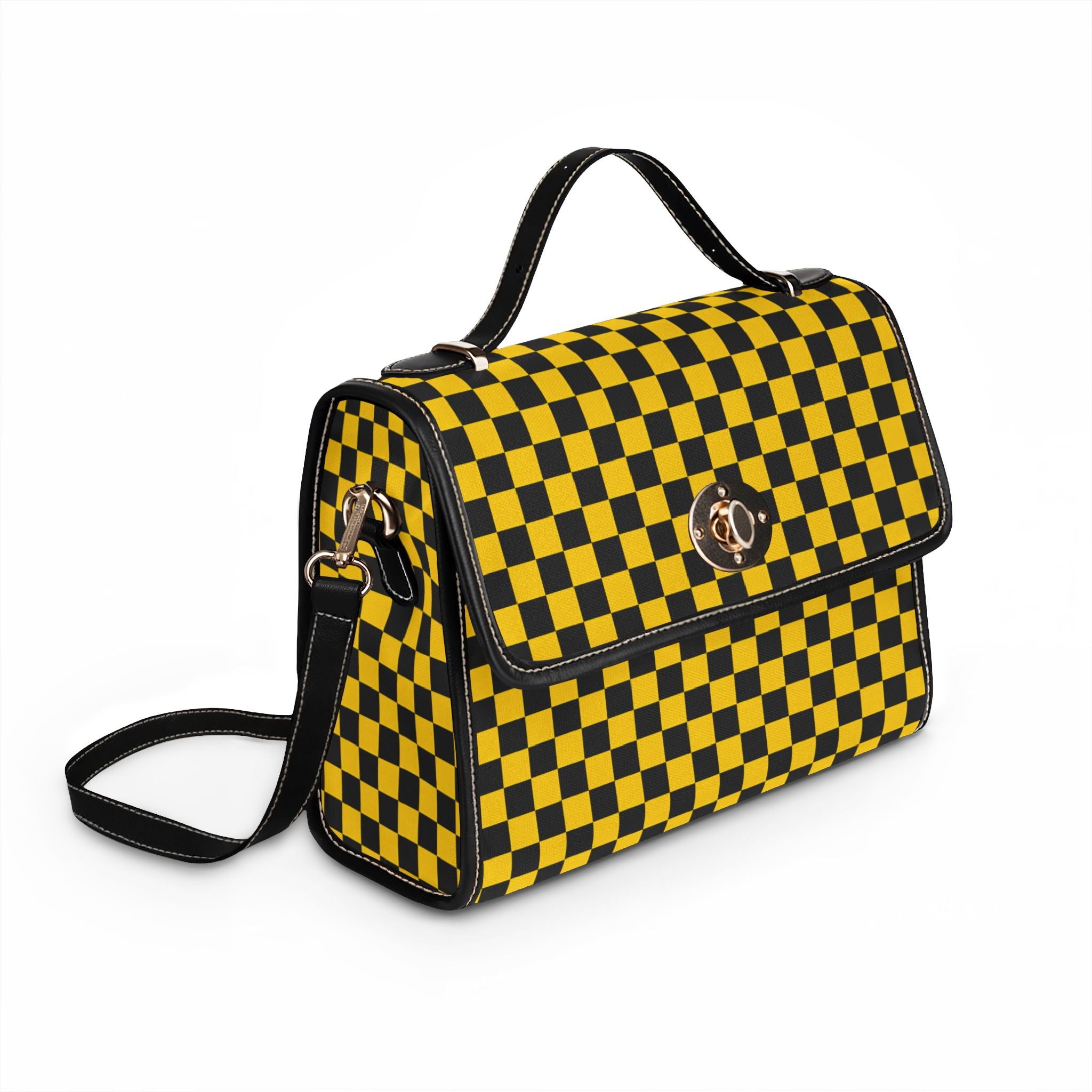 Black and Yellow Checkered Pattern Print Waterproof Canvas Bag