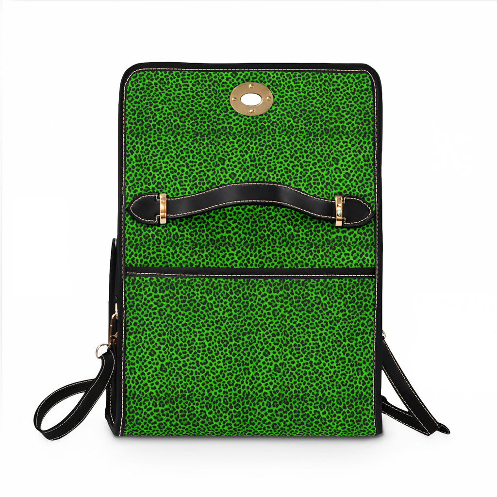 Green Leopard Print Waterproof Canvas Bag | Top Handle Satchel, Crossbody Strap