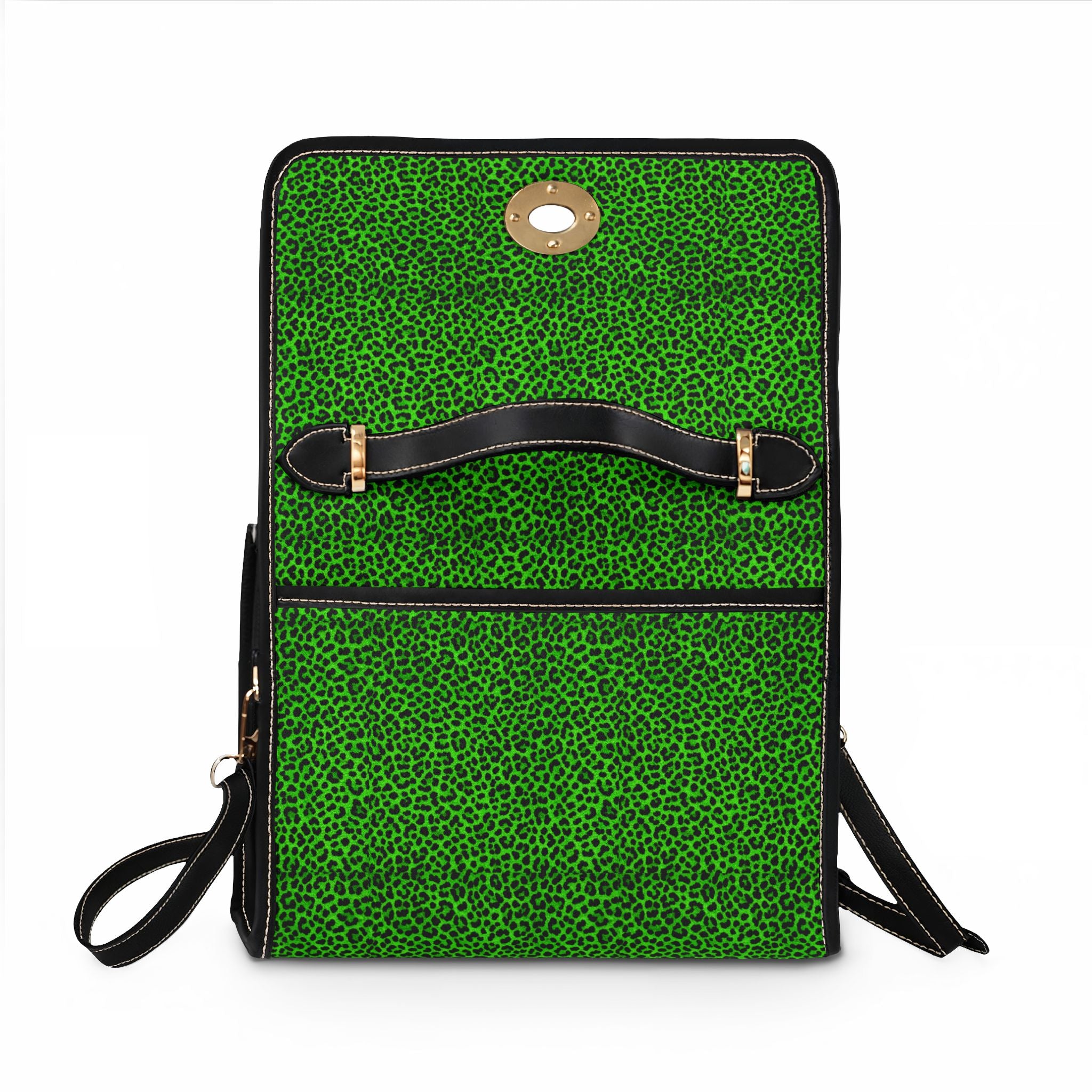 Green Leopard Print Waterproof Canvas Bag | Top Handle Satchel, Crossbody Strap