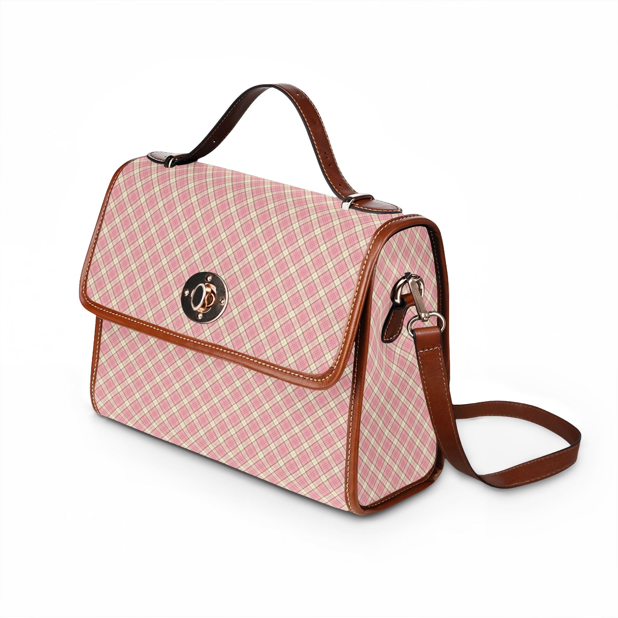 Pink Plaid Pattern Waterproof Canvas Bag | Crossbody Briefcase