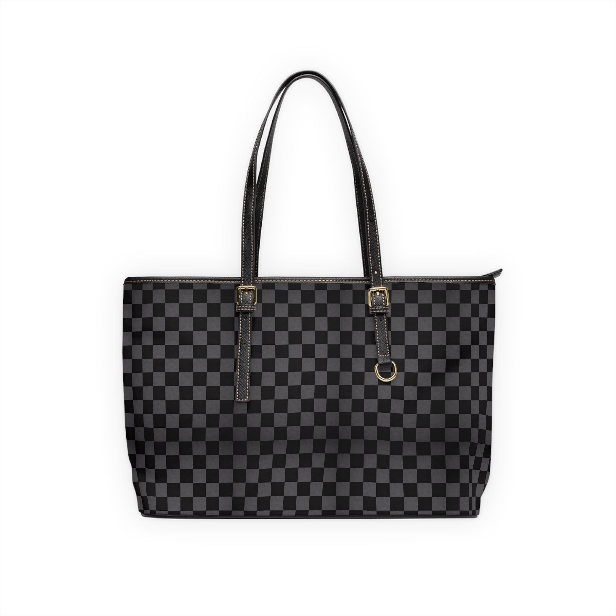 Checkered PU Leather Shoulder Bag — Stylish Black Tote for Everyday Use