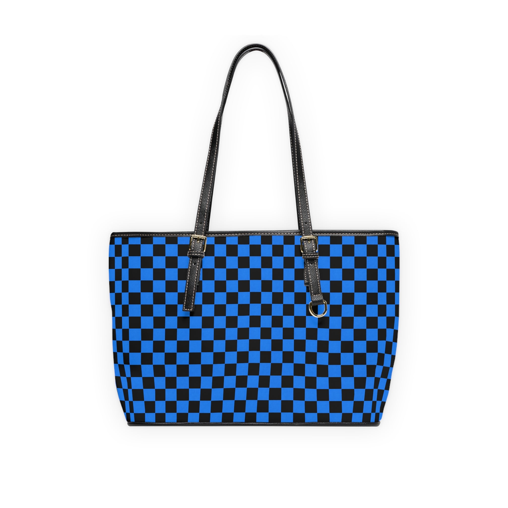 Blue/Black Checkerboard PU Leather Shoulder Bag — Stylish Tote for Everyday Use