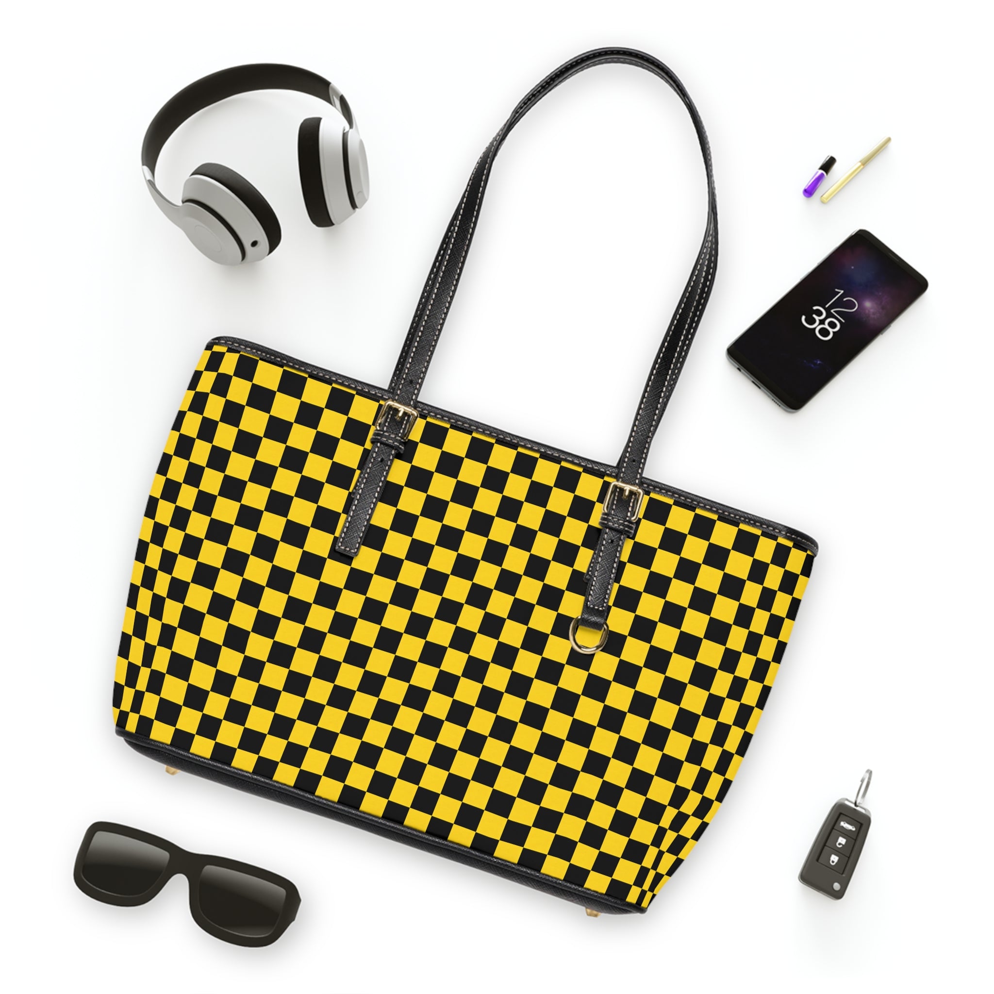 Yellow Black Checkered PU Shoulder Bag — Retro Checkerboard Tote