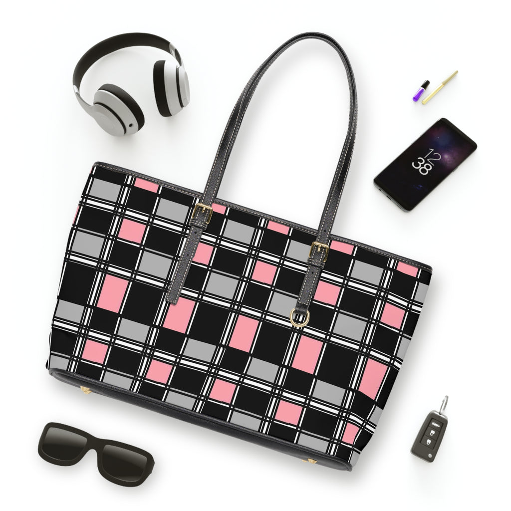 Pink & Black Plaid PU Leather Shoulder Bag