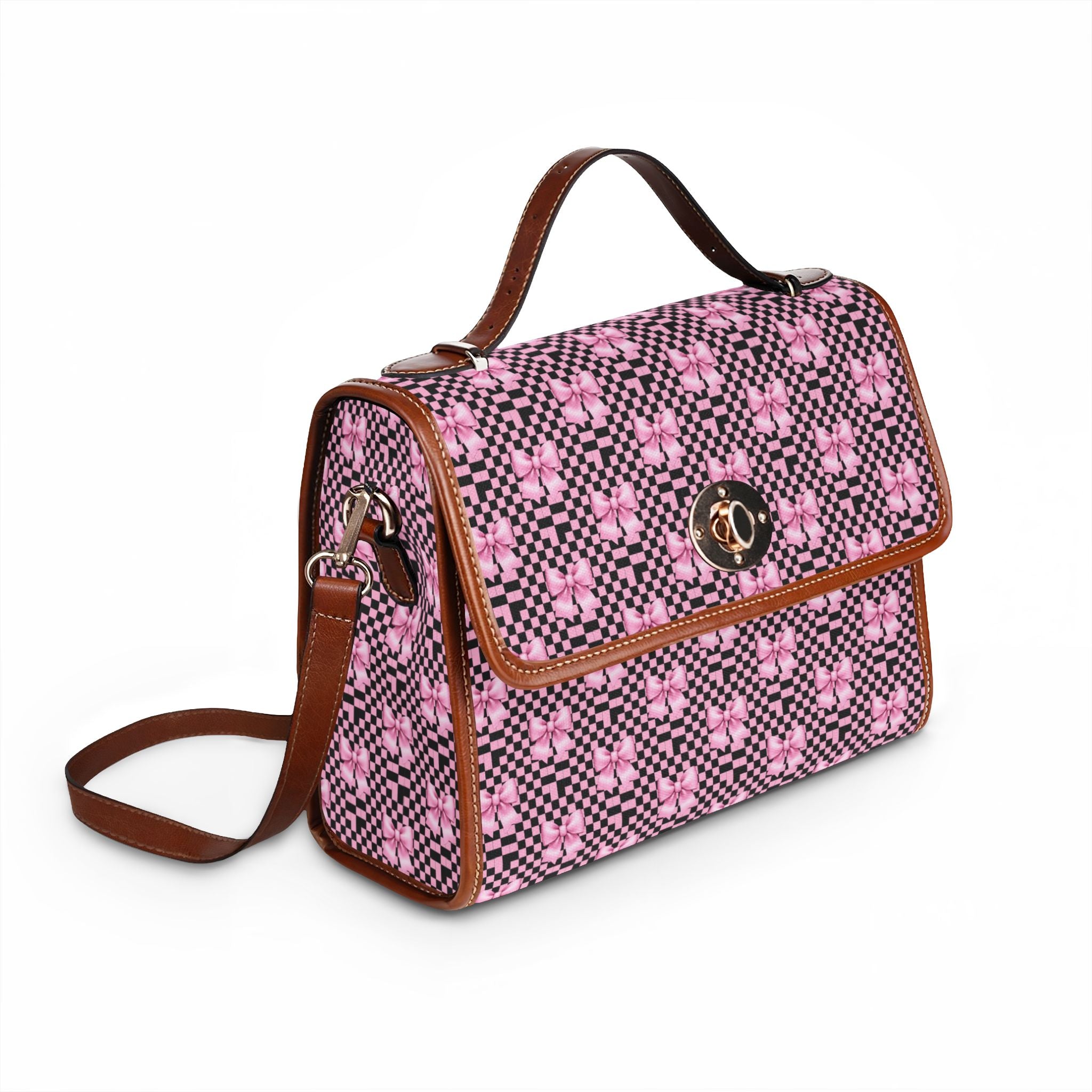 Pink Bow with Brown and Pink Checkered Pattern Waterproof Canvas Bag